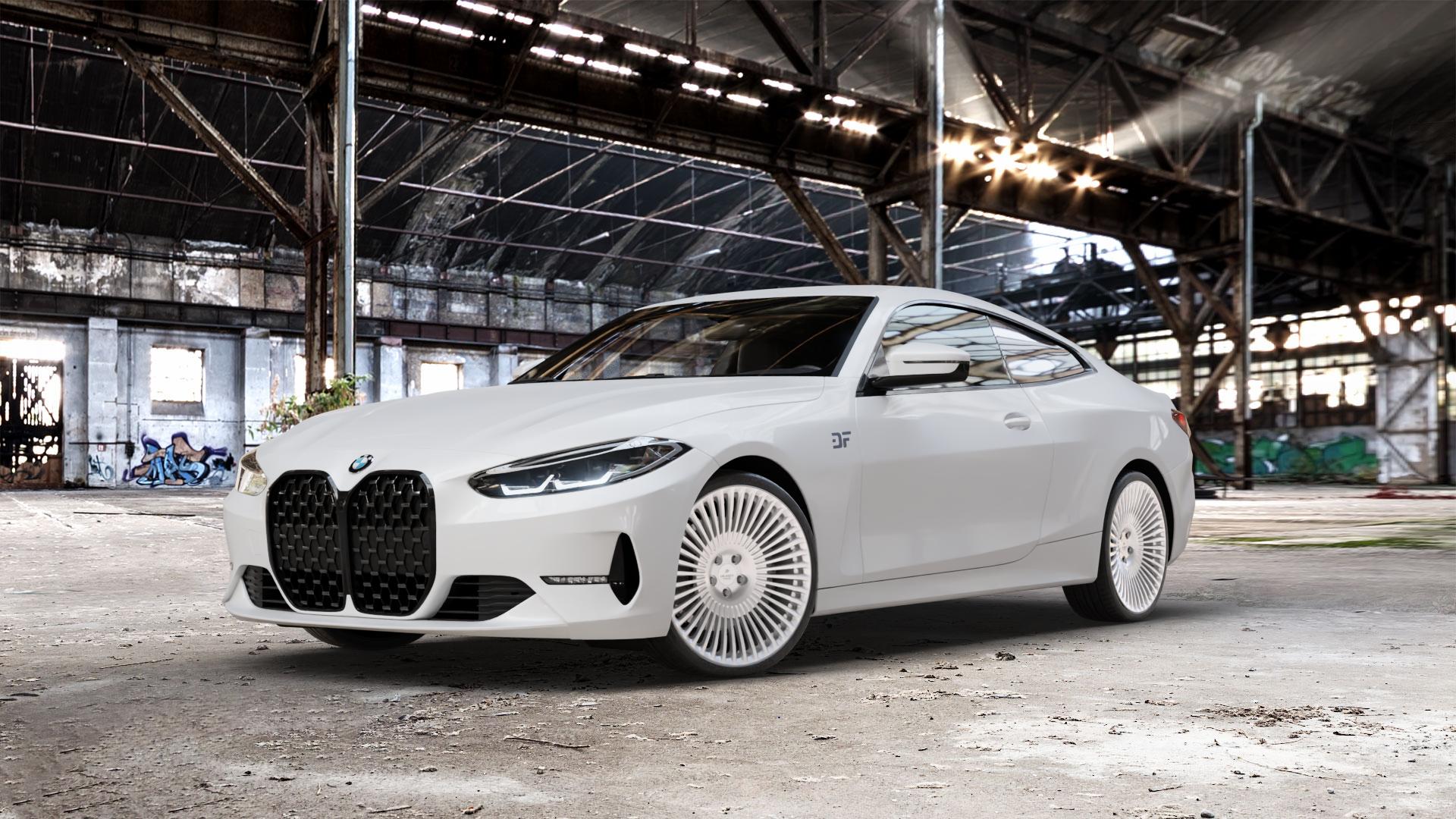 La Chanti Performance LC-F29 Brushed Silver Felge mit Reifen silber in 20Zoll Alufelge auf weissem BMW M4 Typ G82 (Coupe) CSL 4er G22 Coupé (G3C) ⬇️ mit 15mm Tieferlegung ⬇️ Old Industrial Hall_max_5300mm_2024 Frontansicht_1