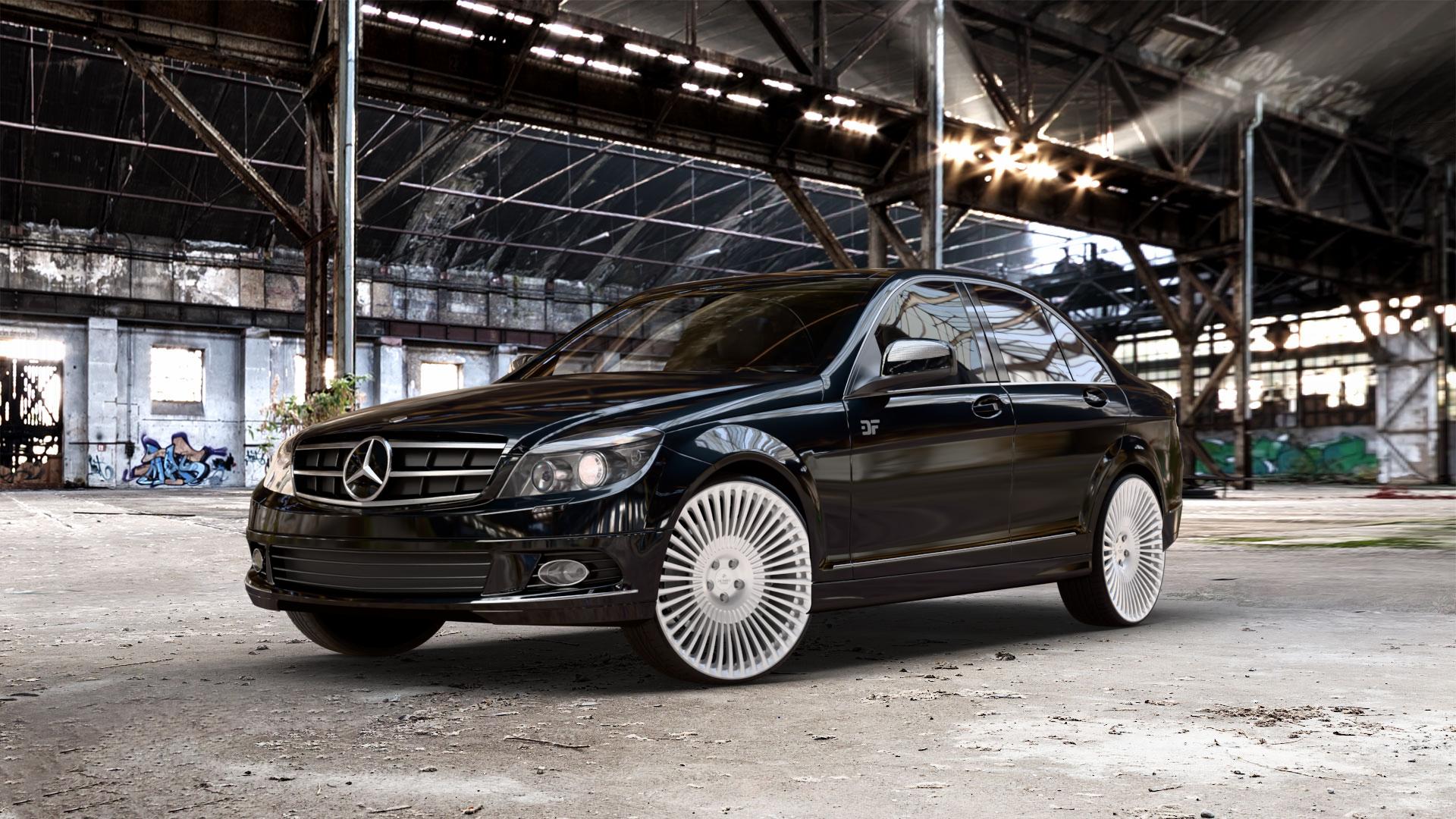 La Chanti Performance LC-F29 Brushed Silver Felge mit Reifen silber in 22Zoll Alufelge auf schwarzem metallic Mercedes C-Klasse Typ W204 Limousine ⬇️ mit 15mm Tieferlegung ⬇️ Old Industrial Hall_max_5300mm_2024 Frontansicht_1