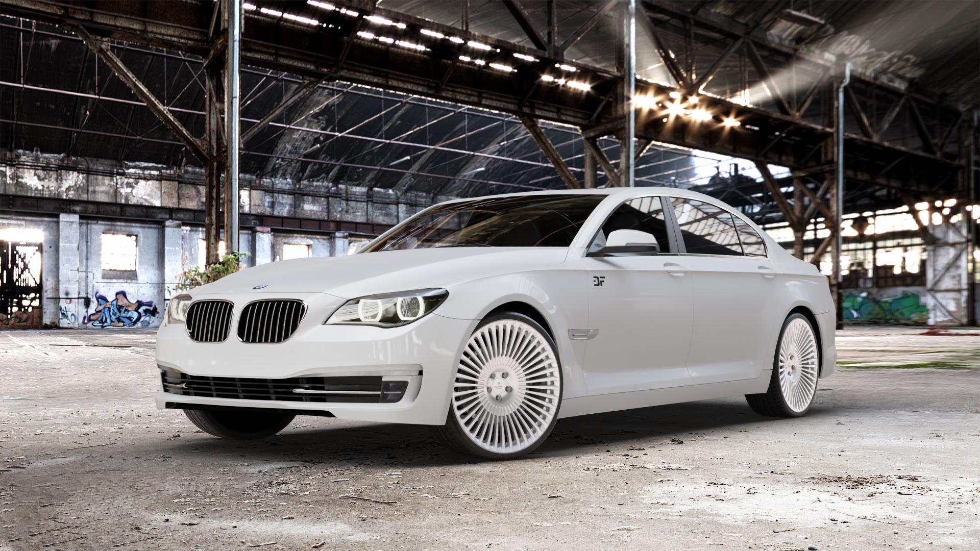 La Chanti Performance LC-F29 Brushed Silver Felge mit Reifen silber in 22Zoll Alufelge auf weissem BMW 7er F01 Limousine (7L, 701, HY) F02 lang ⬇️ mit 15mm Tieferlegung ⬇️ Old Industrial Hall_max_5300mm_2024 Frontansicht_1