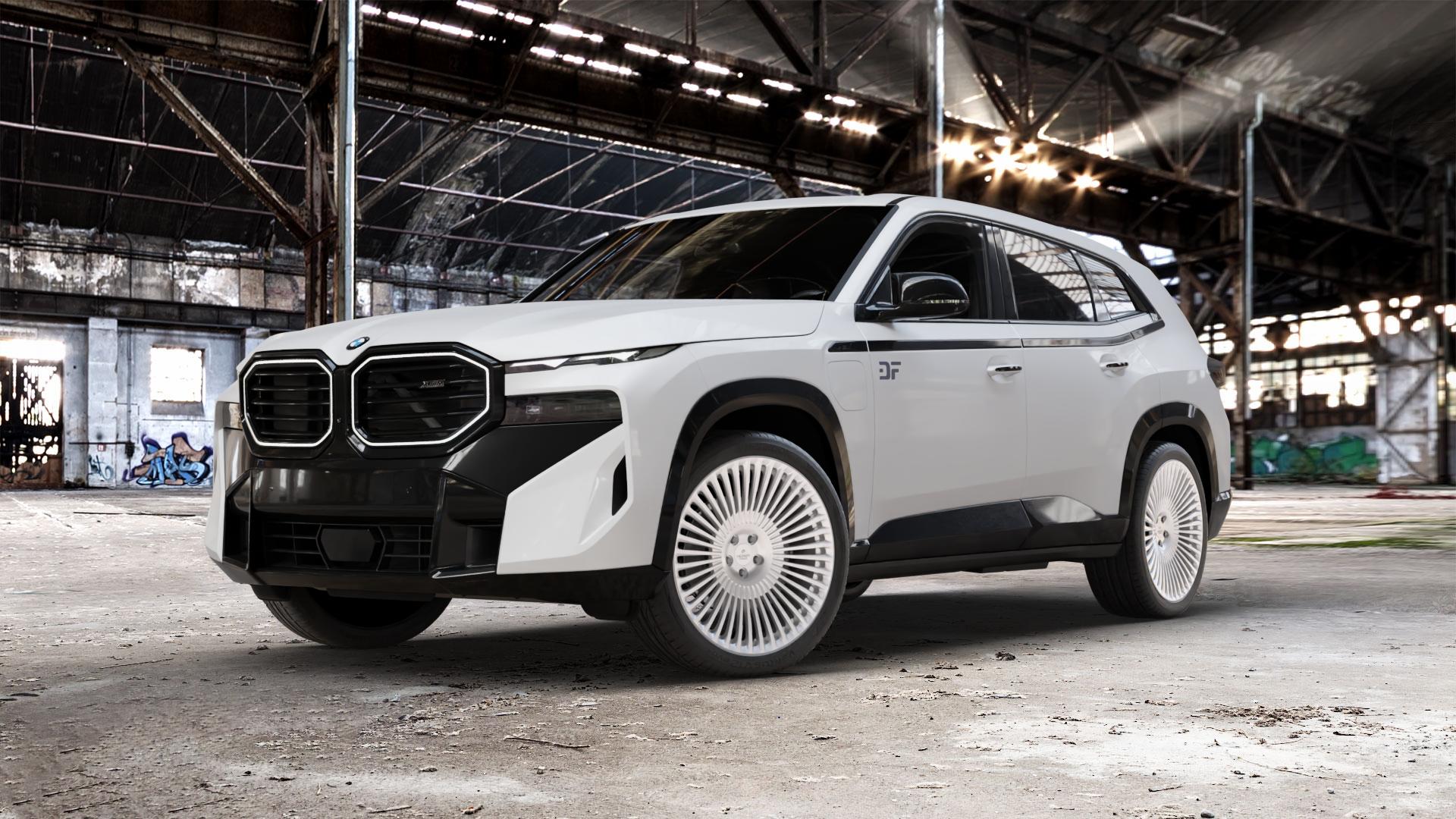 La Chanti Performance LC-F29 Brushed Silver Felge mit Reifen silber in 22Zoll Alufelge auf weissem BMW XM Typ G09 (F56XM) 3,0l 50e 230kW Hybrid (313 PS) ⬇️ mit 15mm Tieferlegung ⬇️ Old Industrial Hall_max_5300mm_2024 Frontansicht_1
