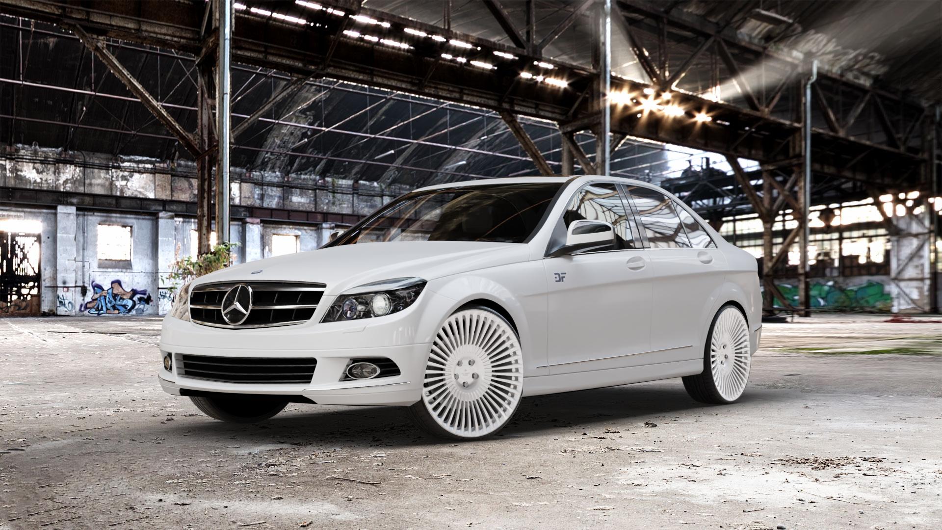 La Chanti Performance LC-F29 Brushed Silver Felge mit Reifen silber in 22Zoll Alufelge auf weissem Mercedes C-Klasse Typ W204 Limousine ⬇️ mit 15mm Tieferlegung ⬇️ Old Industrial Hall_max_5300mm_2024 Frontansicht_1