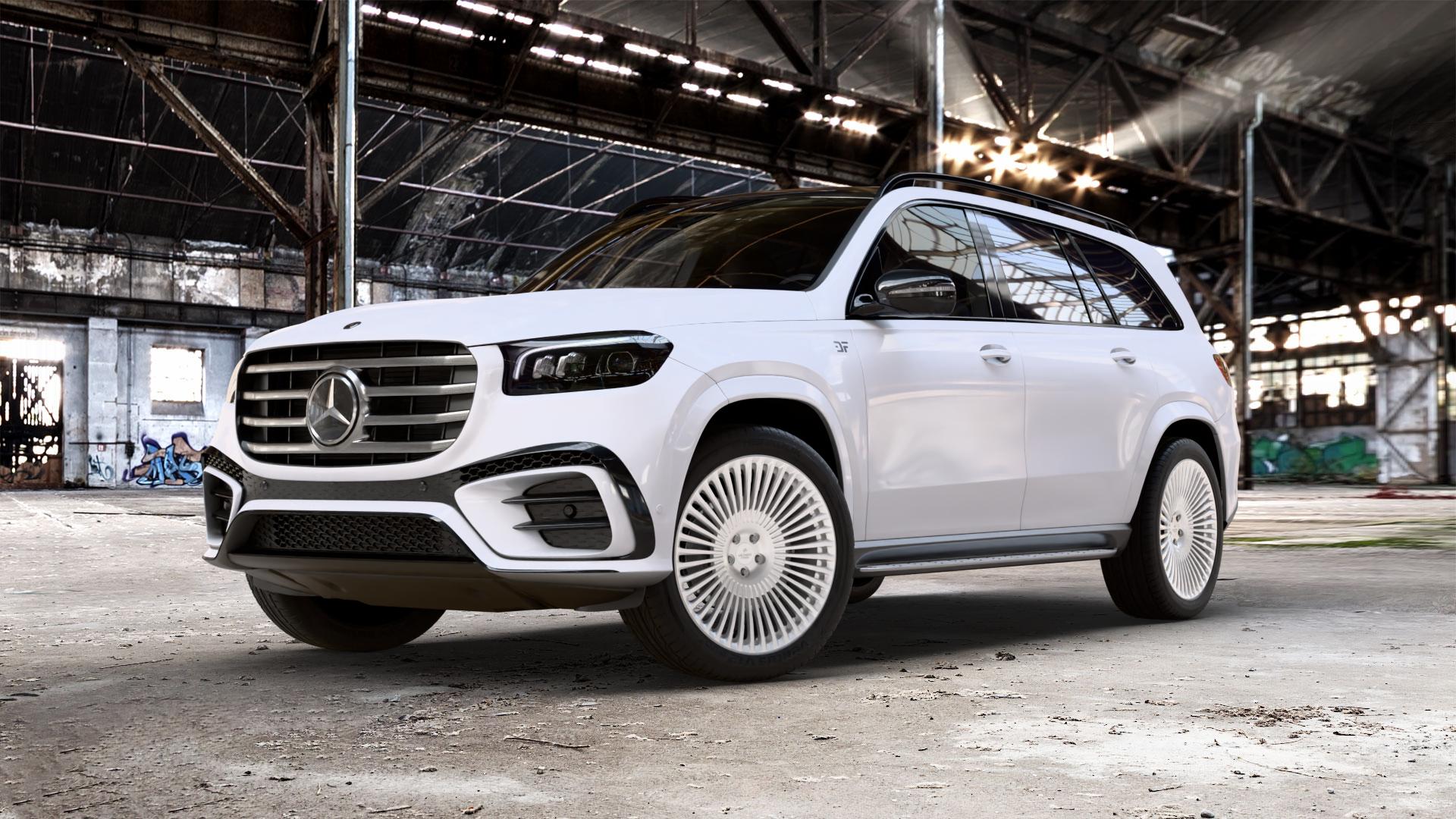 La Chanti Performance LC-F29 Brushed Silver Felge mit Reifen silber in 22Zoll Alufelge auf weissem Mercedes GLS-Klasse Typ 167 (H1GLE) Facelift ⬇️ mit 15mm Tieferlegung ⬇️ Old Industrial Hall_max_5300mm_2024 Frontansicht_1