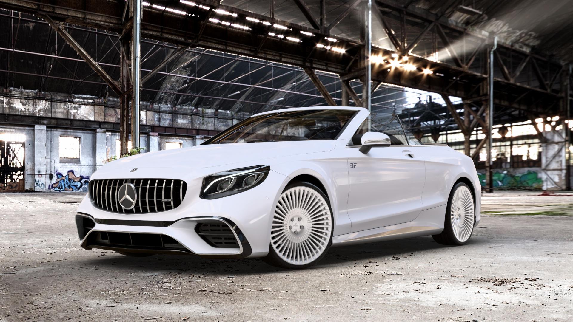 La Chanti Performance LC-F29 Brushed Silver Felge mit Reifen silber in 22Zoll Alufelge auf weissem Mercedes S-Klasse Cabrio Typ 217 5,5l S 63 AMG 4Matic 430kW (585 PS) 6,0l 65 463kW (630 Facelift 4,0l 450kW (612 ⬇️ mit 15mm Tieferlegung ⬇️ Old Industrial Hall_max_5300mm_2024 Frontansicht_1