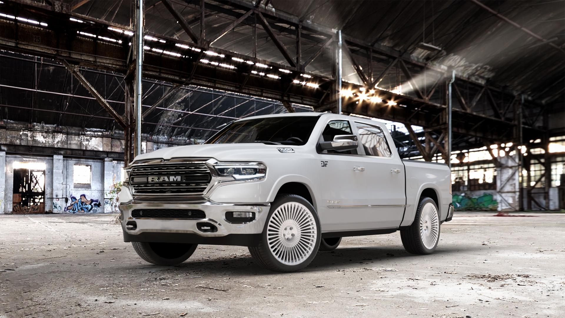 La Chanti Performance LC-F29 Brushed Silver Felge mit Reifen silber in 23Zoll Alufelge auf weissem Dodge RAM 1500 V ⬇️ mit 15mm Tieferlegung ⬇️ Old Industrial Hall_max_7000mm_2024 Frontansicht_1
