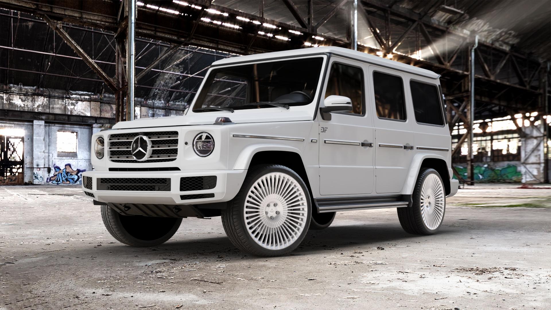 La Chanti Performance LC-F29 Brushed Silver Felge mit Reifen silber in 23Zoll Alufelge auf weissem Mercedes G-Klasse Typ W463 Facelift (18->) ⬇️ mit 15mm Tieferlegung ⬇️ Old Industrial Hall_max_5300mm_2024 Frontansicht_1