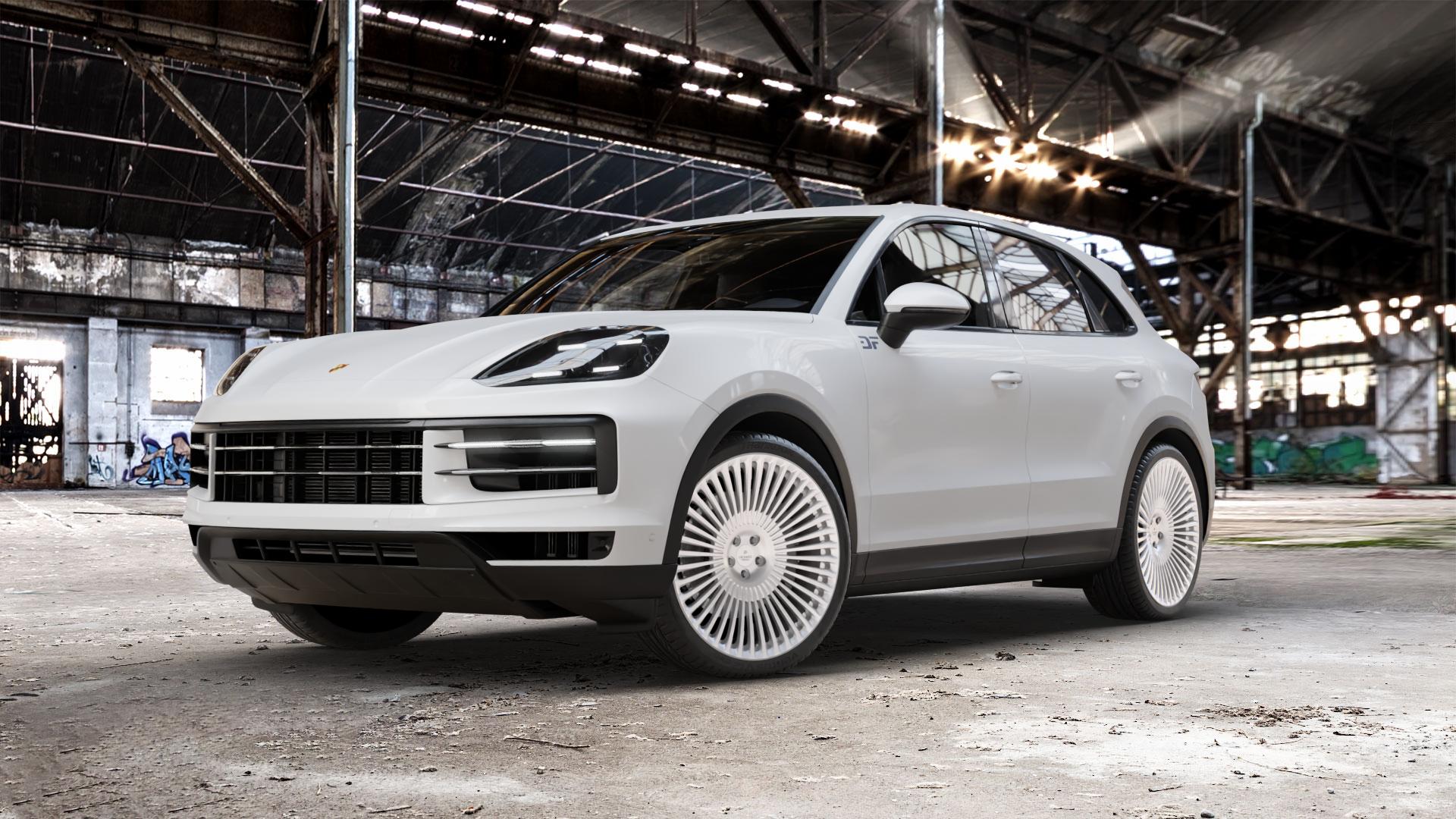 La Chanti Performance LC-F29 Brushed Silver Felge mit Reifen silber in 23Zoll Alufelge auf weissem Porsche Cayenne III Typ 9YA Facelift ⬇️ mit 15mm Tieferlegung ⬇️ Old Industrial Hall_max_5300mm_2024 Frontansicht_1