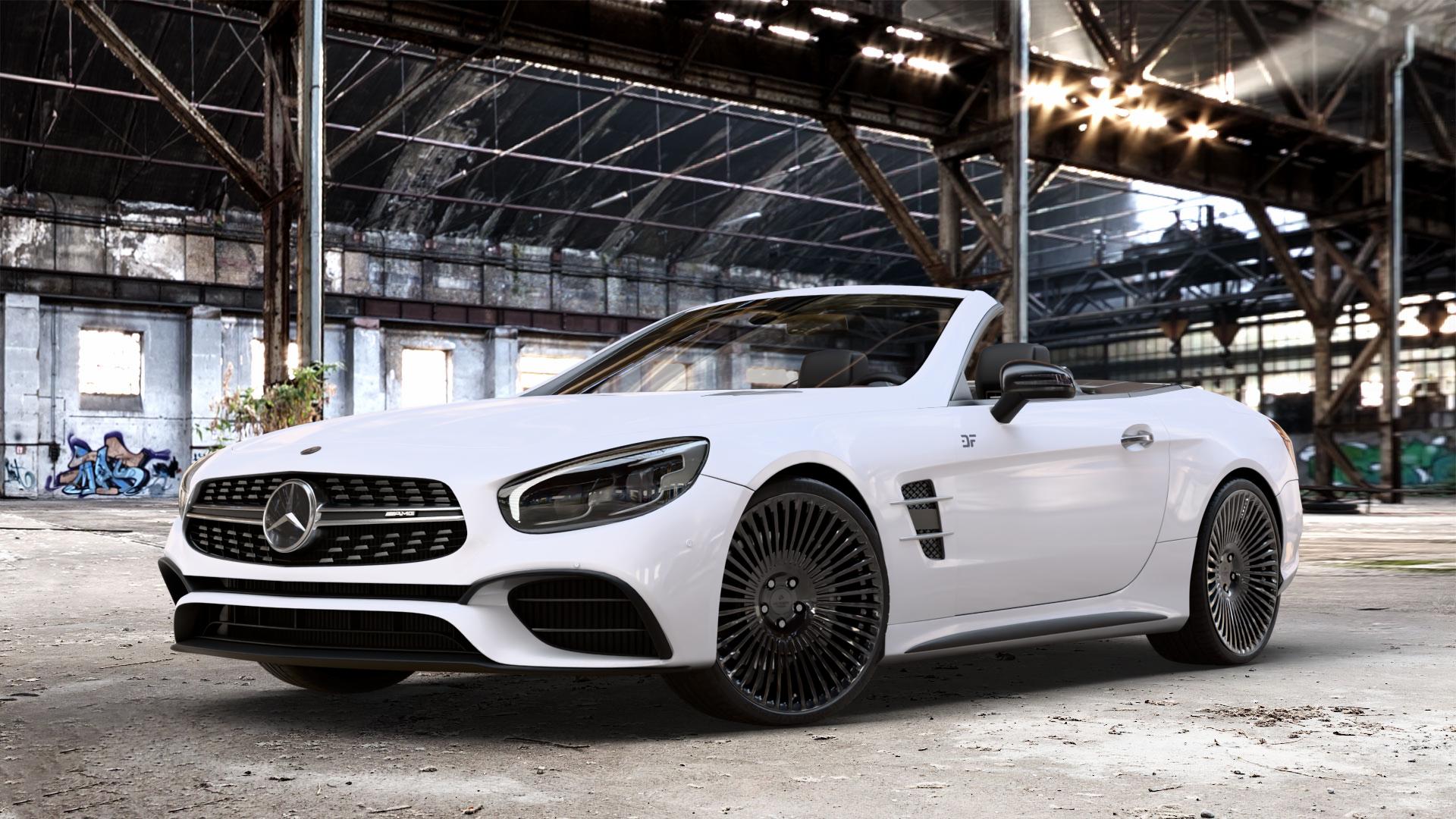 La Chanti Performance LC-F29 Glossy Black Felge mit Reifen schwarz in 20Zoll Winterfelge Alufelge auf weissem Mercedes SL Typ R231 Facelift 5,5l 63 AMG 430kW (585 PS) 6,0l 65 463kW (630 420kW (571 ⬇️ mit 15mm Tieferlegung ⬇️ Old Industrial Hall_max_4400mm_2024 Frontansicht_1