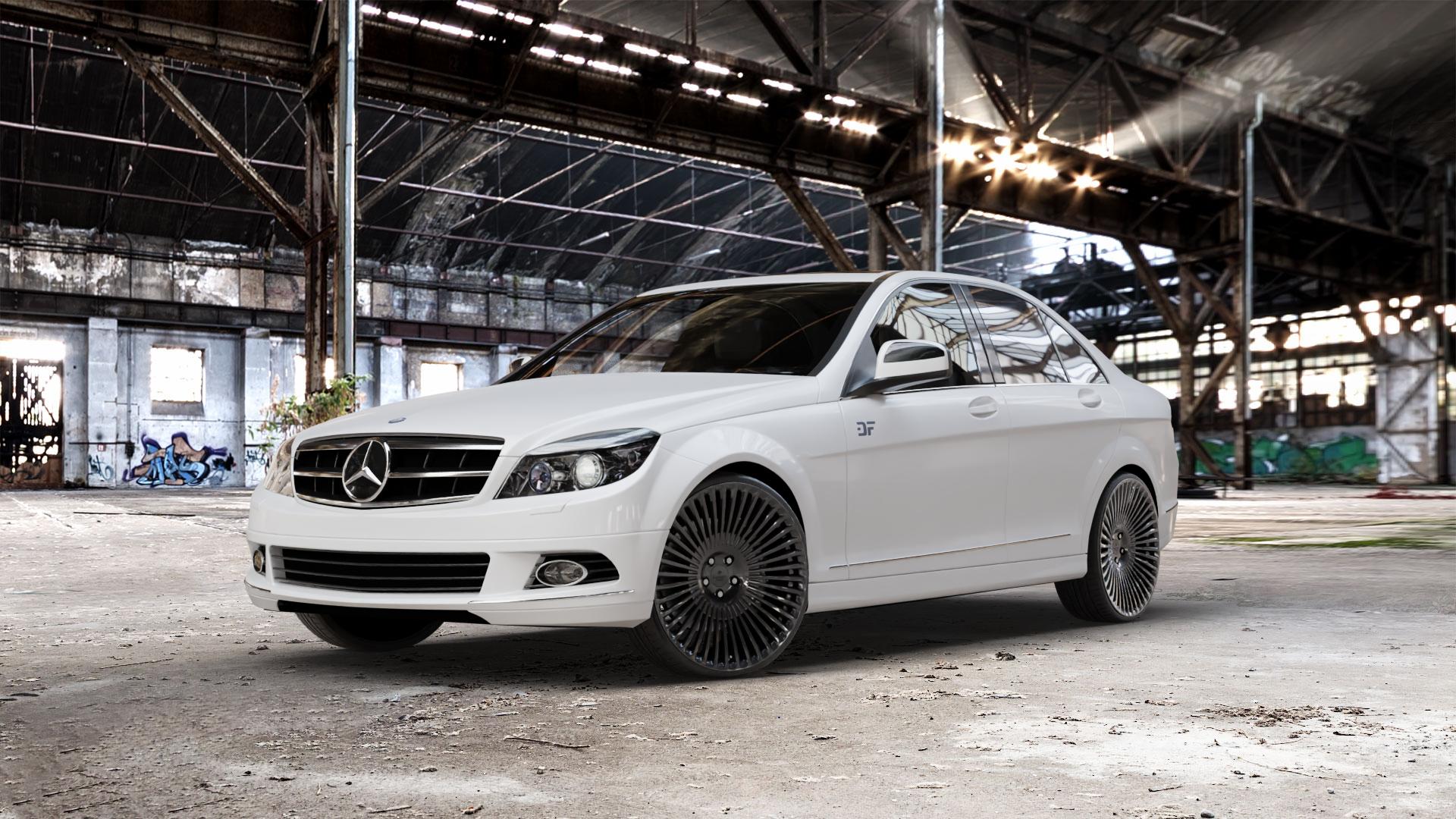 La Chanti Performance LC-F29 Glossy Black Felge mit Reifen schwarz in 21Zoll Winterfelge Alufelge auf weissem Mercedes C-Klasse Typ W204 Limousine ⬇️ mit 15mm Tieferlegung ⬇️ Old Industrial Hall_max_5300mm_2024 Frontansicht_1