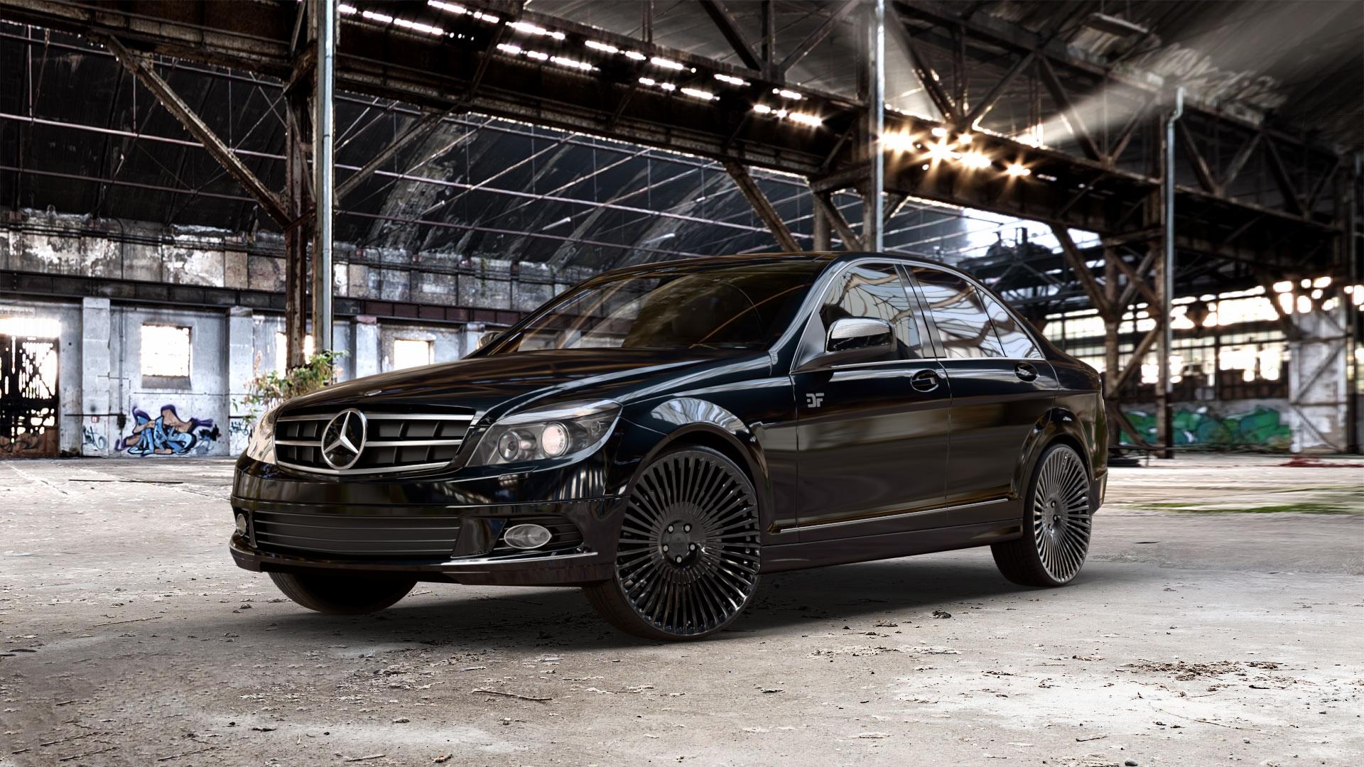 La Chanti Performance LC-F29 Glossy Black Felge mit Reifen schwarz in 22Zoll Winterfelge Alufelge auf schwarzem metallic Mercedes C-Klasse Typ W204 Limousine ⬇️ mit 15mm Tieferlegung ⬇️ Old Industrial Hall_max_5300mm_2024 Frontansicht_1
