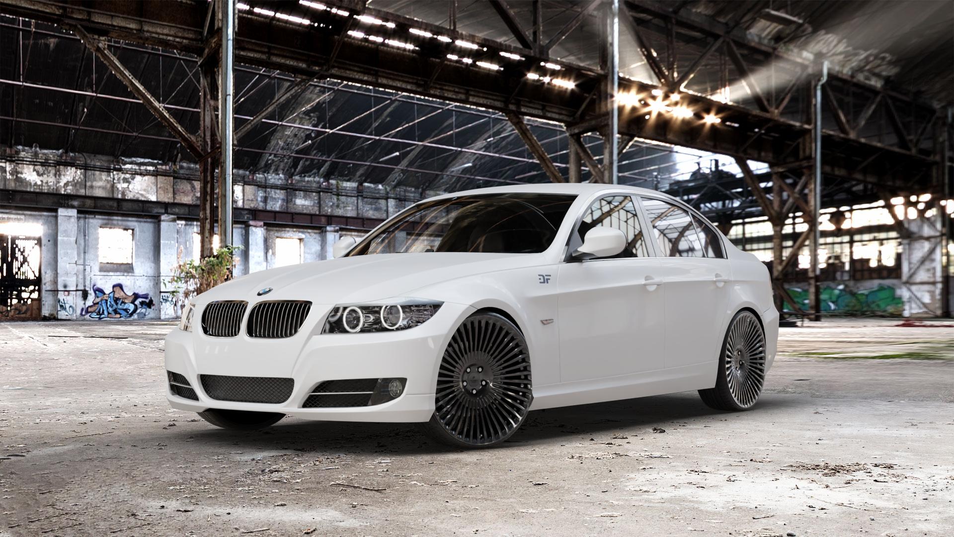 La Chanti Performance LC-F29 Glossy Black Felge mit Reifen schwarz in 22Zoll Winterfelge Alufelge auf weissem BMW 318i Typ E90 (Limousine) 320i 335i 335d 318d 320d 325i 330i 330d 316i 325xi 330xi 325d 330xd 320si M3 (M390) 320xd 316d 335xi 323i CRT 3er Limousine (390L, 3 ⬇️ mit 15mm Tieferlegung ⬇️ Old Industrial Hall_max_5300mm_2024 Frontansicht_1