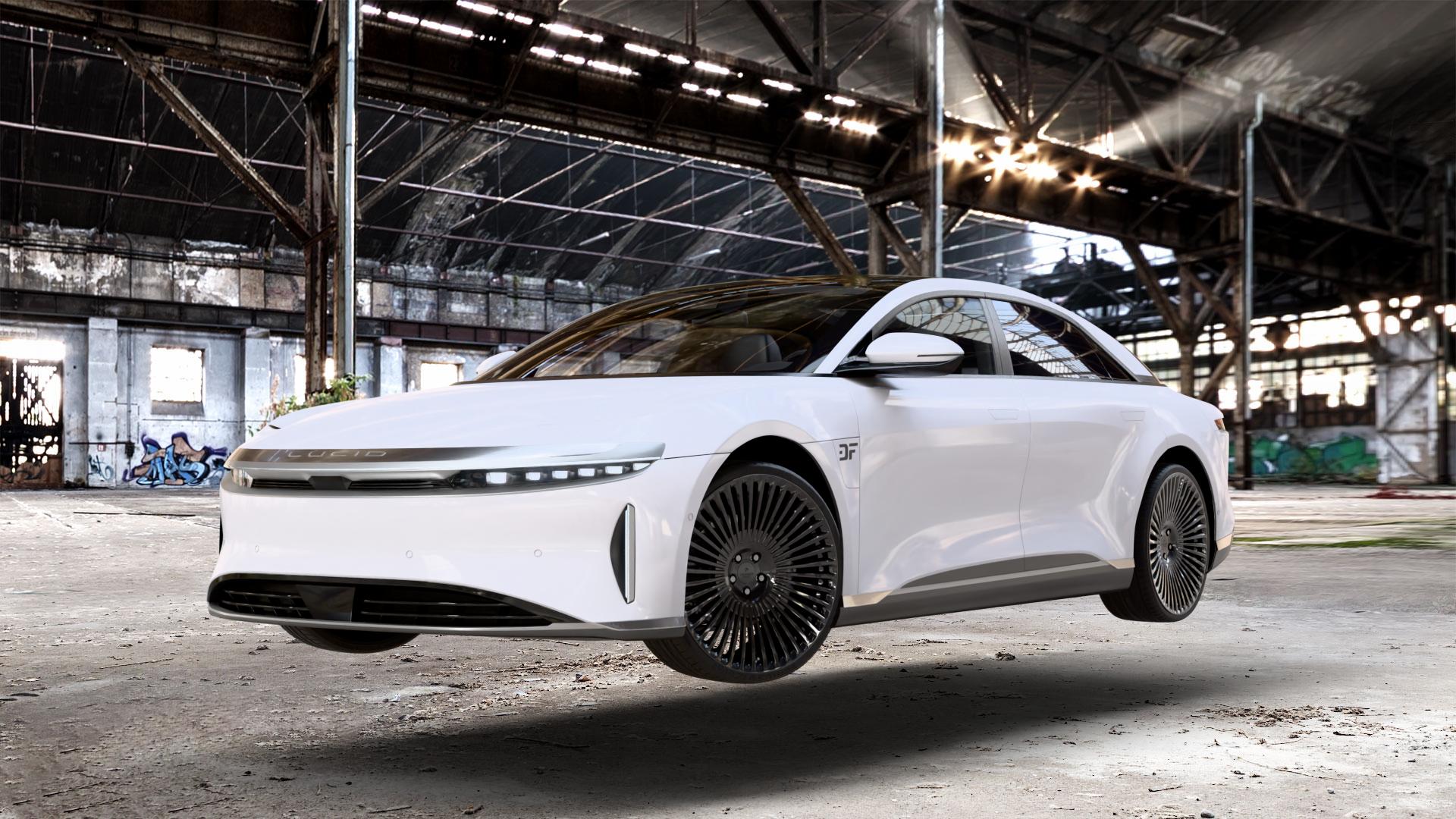 La Chanti Performance LC-F29 Glossy Black Felge mit Reifen schwarz in 22Zoll Winterfelge Alufelge auf weissem Lucid Air Typ A1 0,0l 271kW AWD (368 PS) 234kW (318 202kW (275 204kW (277 ⬇️ mit 15mm Tieferlegung ⬇️ Old Industrial Hall_max_5300mm_2024 Frontansicht_1