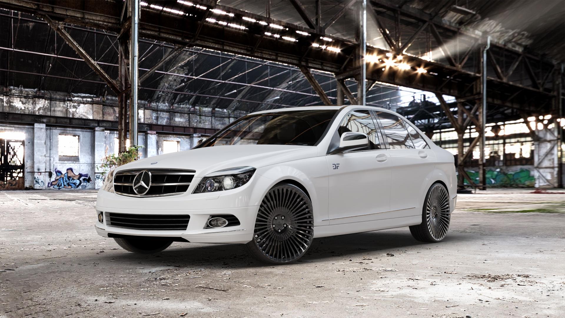 La Chanti Performance LC-F29 Glossy Black Felge mit Reifen schwarz in 22Zoll Winterfelge Alufelge auf weissem Mercedes C-Klasse Typ W204 Limousine ⬇️ mit 15mm Tieferlegung ⬇️ Old Industrial Hall_max_5300mm_2024 Frontansicht_1