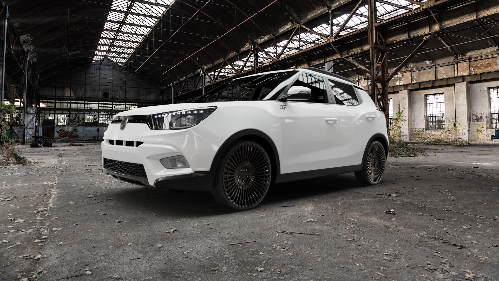 La Chanti Performance LC-F29 Glossy Black Felge mit Reifen schwarz in 22Zoll Winterfelge Alufelge auf weissem Ssangyong Tivoli Typ XK ⬇️ mit 15mm Tieferlegung ⬇️ Old Industrial Hall_max5000mm_2022 Frontansicht_1