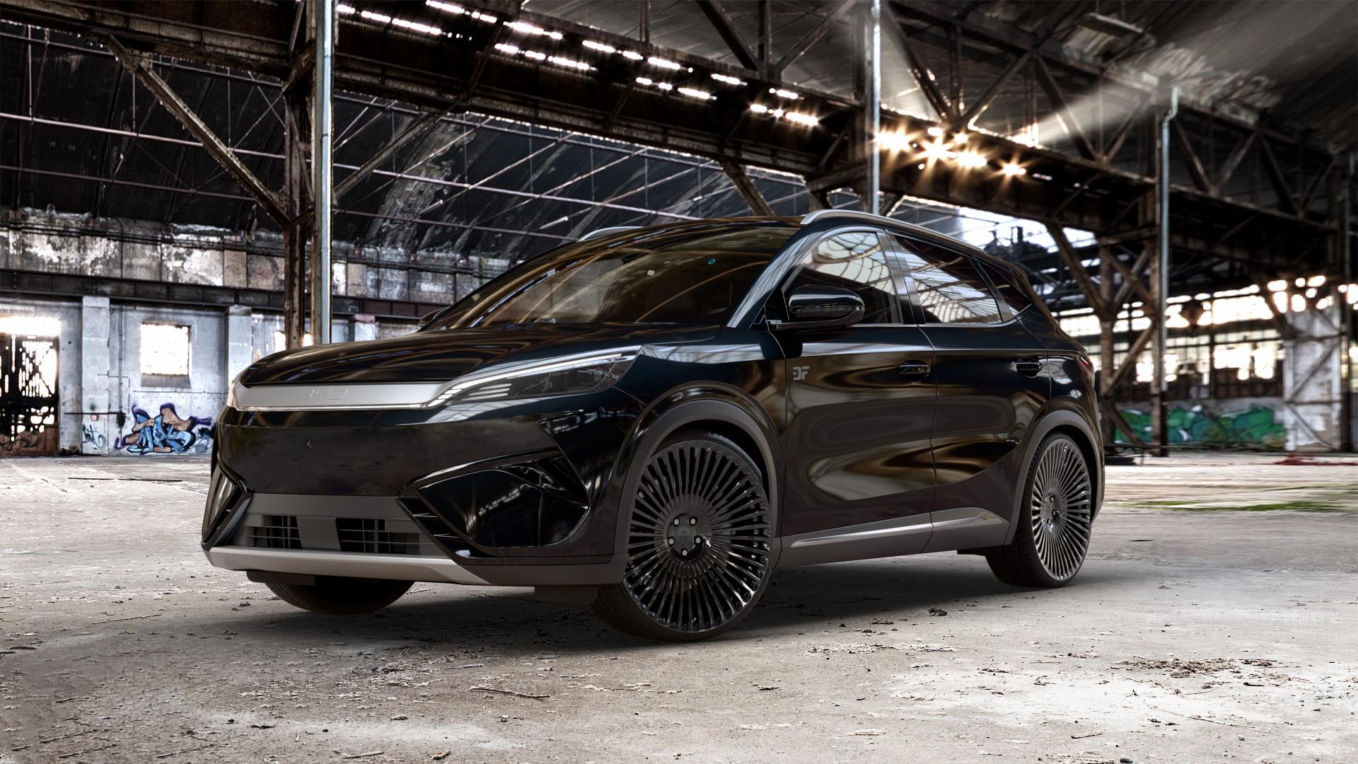La Chanti Performance LC-F29 Glossy Black Felge mit Reifen schwarz in 23Zoll Winterfelge Alufelge auf metallic schwarzem BYD Atto 3 Evo Typ SC2E ⬇️ mit 15mm Tieferlegung ⬇️ Old Industrial Hall_max_5300mm_2024 Frontansicht_1