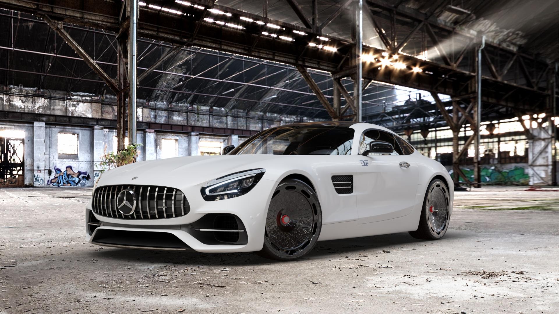 La Chanti Performance LC-F34 Glossy Black Felge mit Reifen schwarz in 22Zoll Winterfelge Alufelge auf weissem Mercedes AMG GT Typ 197 ⬇️ mit 15mm Tieferlegung ⬇️ Old Industrial Hall_max_5300mm_2024 Frontansicht_1