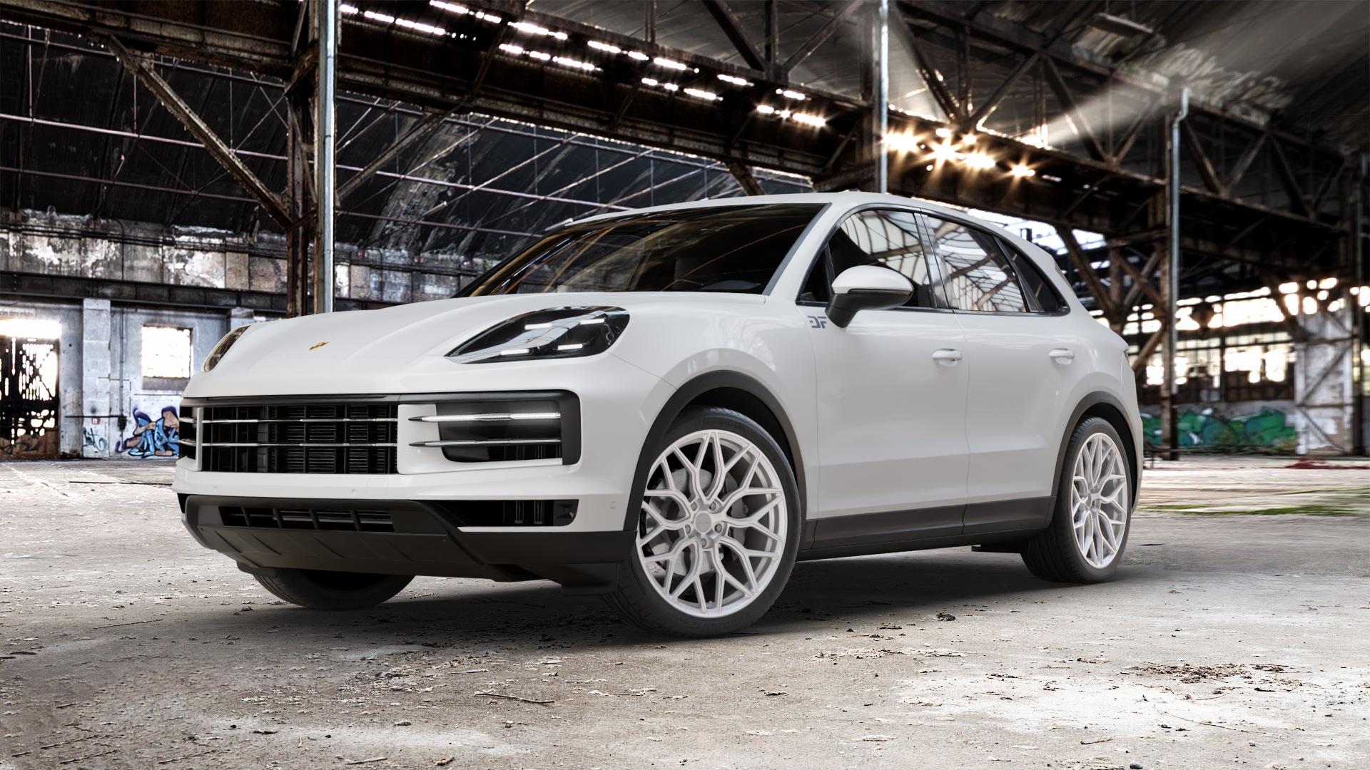 La Chanti Performance LC-F7 Brushed Silver Felge mit Reifen silber in 22Zoll Alufelge auf weissem Porsche Cayenne III Typ 9YA Facelift ⬇️ mit 15mm Tieferlegung ⬇️ Old Industrial Hall_max_5300mm_2024 Frontansicht_1