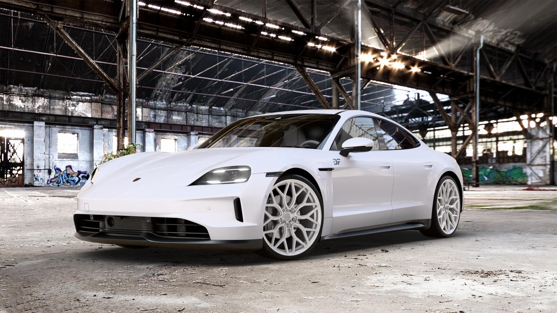 La Chanti Performance LC-F7 Brushed Silver Felge mit Reifen silber in 22Zoll Alufelge auf weissem Porsche Taycan Typ Y1A Facelift ⬇️ mit 15mm Tieferlegung ⬇️ Old Industrial Hall_max_5300mm_2024 Frontansicht_1