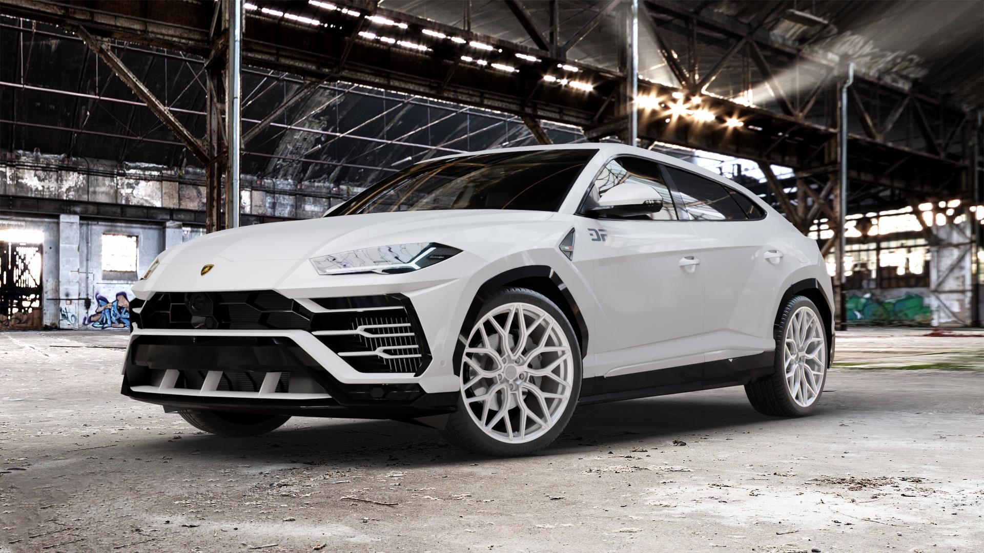 La Chanti Performance LC-F7 Brushed Silver Felge mit Reifen silber in 23Zoll Alufelge auf weissem Lamborghini Urus ⬇️ mit 15mm Tieferlegung ⬇️ Old Industrial Hall_max_5300mm_2024 Frontansicht_1