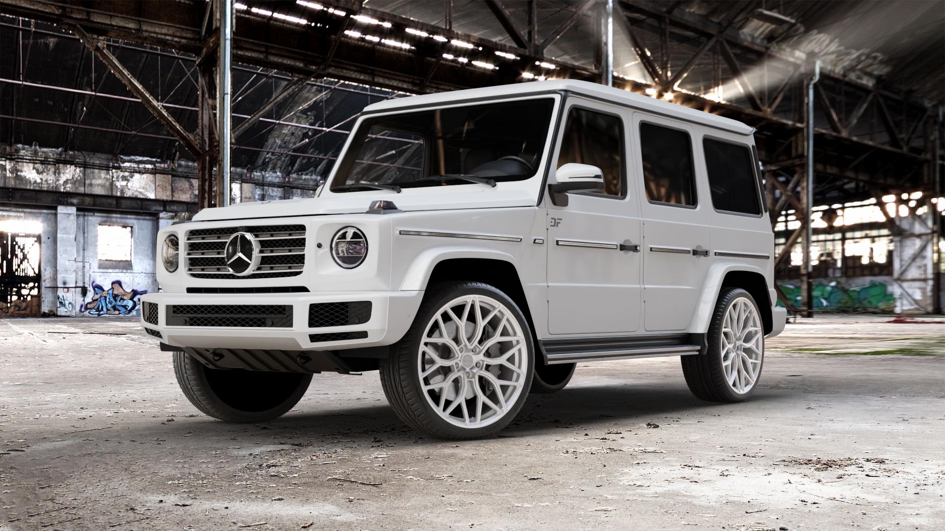La Chanti Performance LC-F7 Brushed Silver Felge mit Reifen silber in 23Zoll Alufelge auf weissem Mercedes G-Klasse Typ W463 Facelift (18->) ⬇️ mit 15mm Tieferlegung ⬇️ Old Industrial Hall_max_5300mm_2024 Frontansicht_1