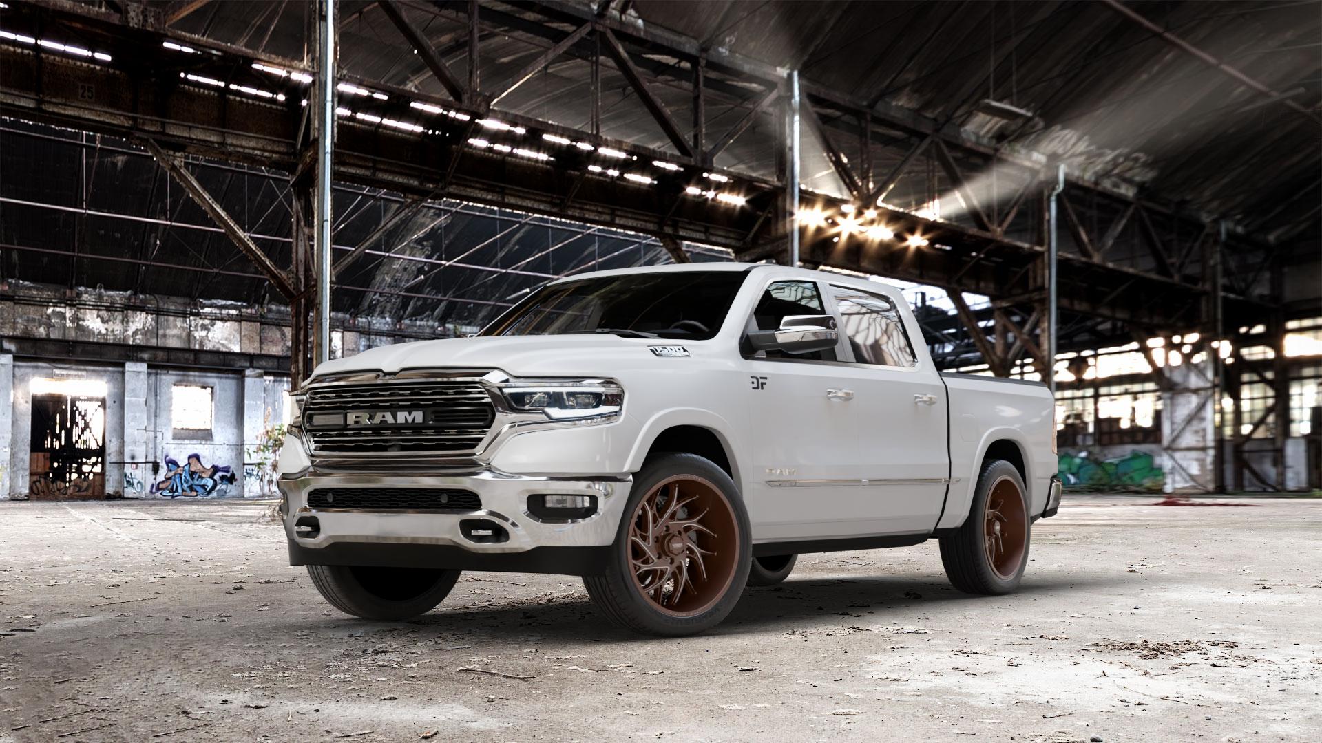 La Chanti Performance LC-OF20 Bronze Glossy Milled Felge mit Reifen in 22Zoll Winterfelge Alufelge auf weissem Dodge RAM 1500 V ⬇️ mit 15mm Tieferlegung ⬇️ Old Industrial Hall_max_7000mm_2024 Frontansicht_1