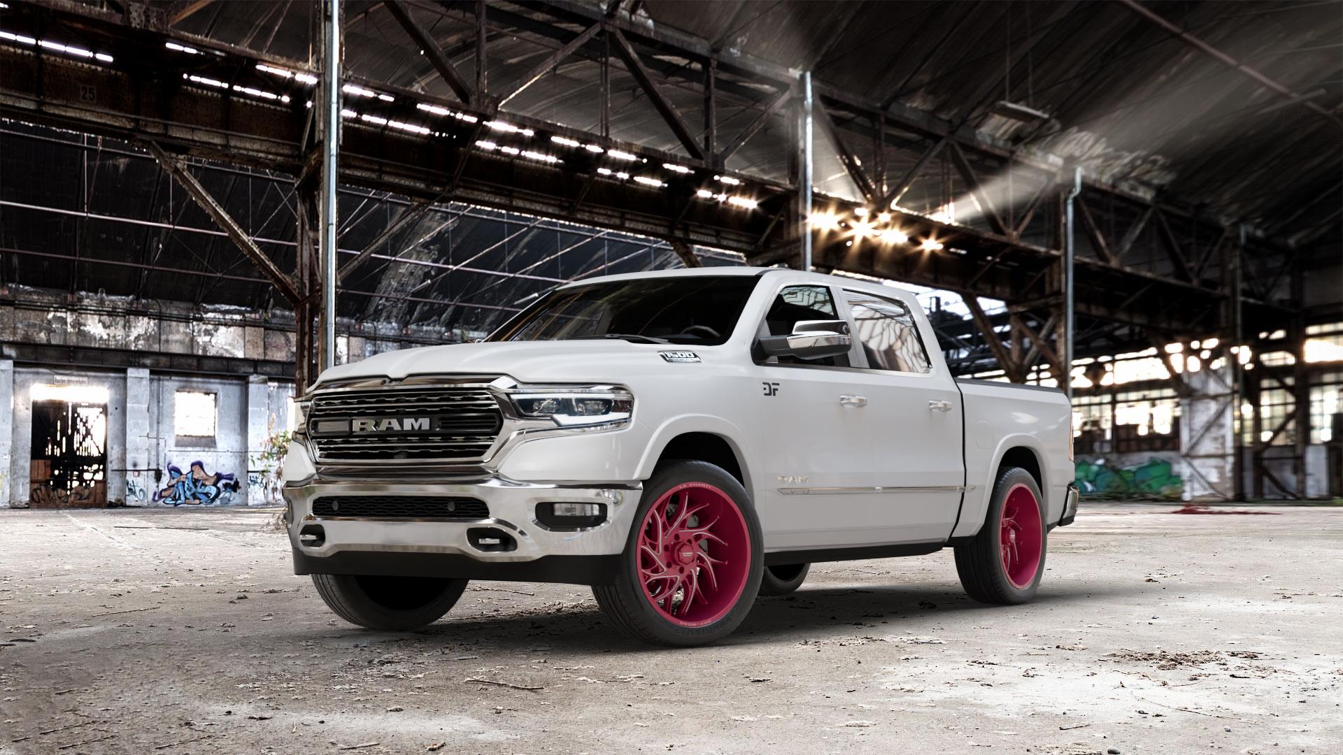 La Chanti Performance LC-OF20 Glossy Red Milled Felge mit Reifen rot in 22Zoll Alufelge auf weissem Dodge RAM 1500 V ⬇️ mit 15mm Tieferlegung ⬇️ Old Industrial Hall_max_7000mm_2024 Frontansicht_1
