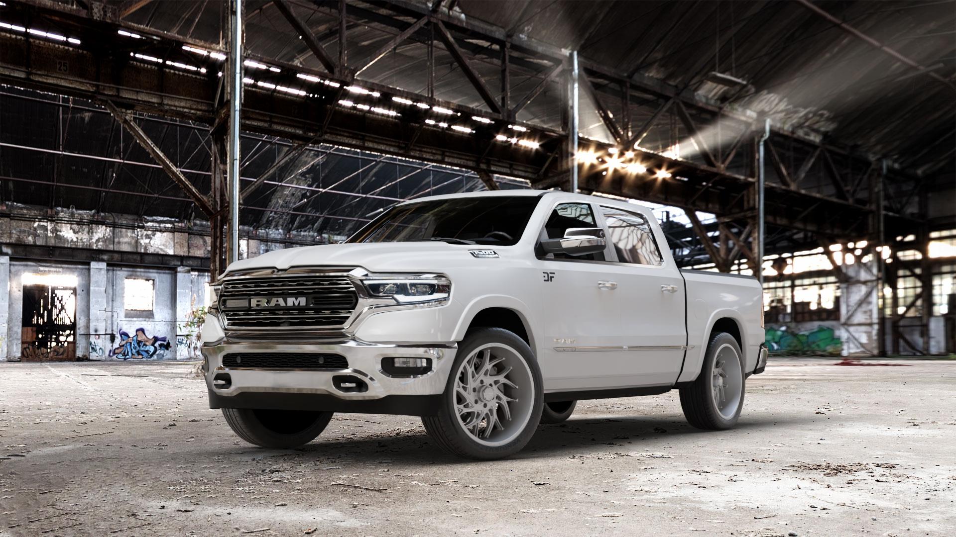 La Chanti Performance LC-OF20 Glossy Silver Milled Felge mit Reifen silber in 22Zoll Alufelge auf weissem Dodge RAM 1500 V ⬇️ mit 15mm Tieferlegung ⬇️ Old Industrial Hall_max_7000mm_2024 Frontansicht_1