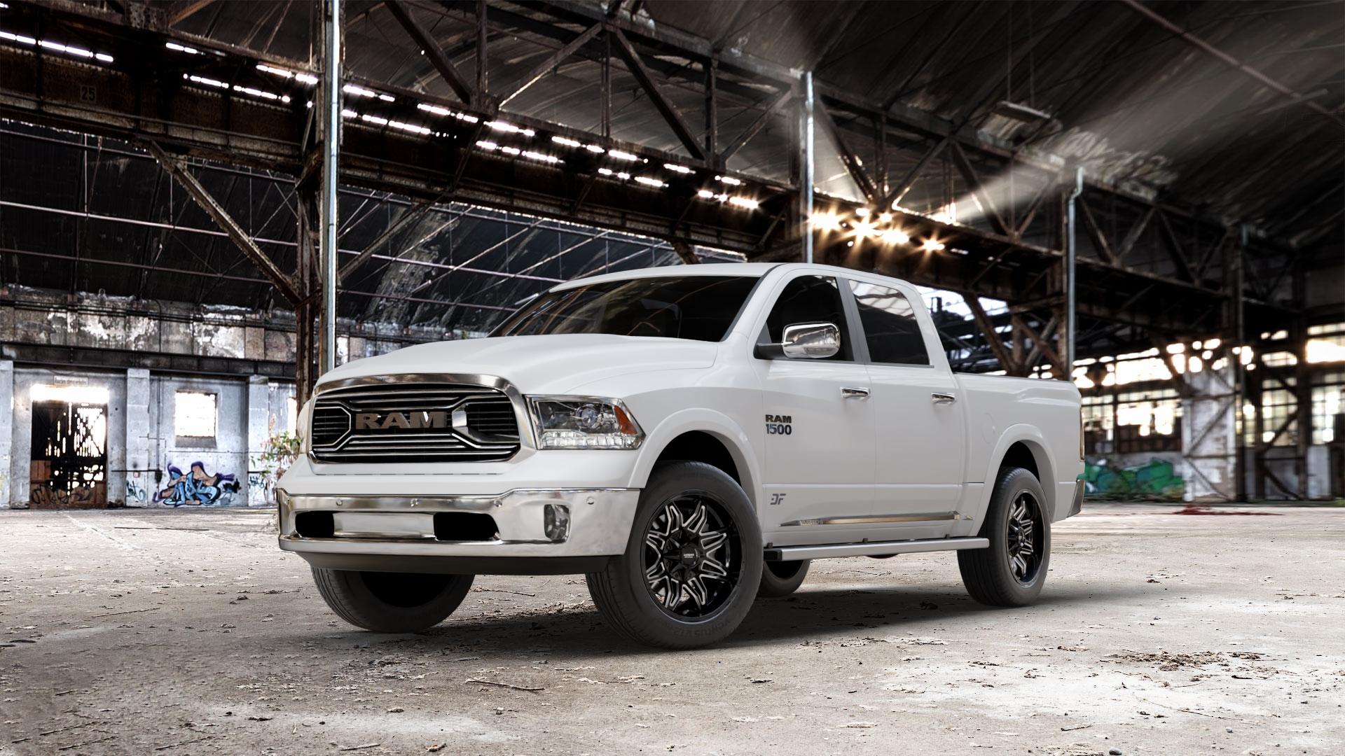 La Chanti Performance LC-OF3 Gloss Black Milled Spokes Felge mit Reifen silber schwarz in 20Zoll Winterfelge Alufelge auf weissem Dodge RAM 1500 IV Typ DJ, DS ⬇️ mit 15mm Tieferlegung ⬇️ Old Industrial Hall_max_7000mm_2024 Frontansicht_1