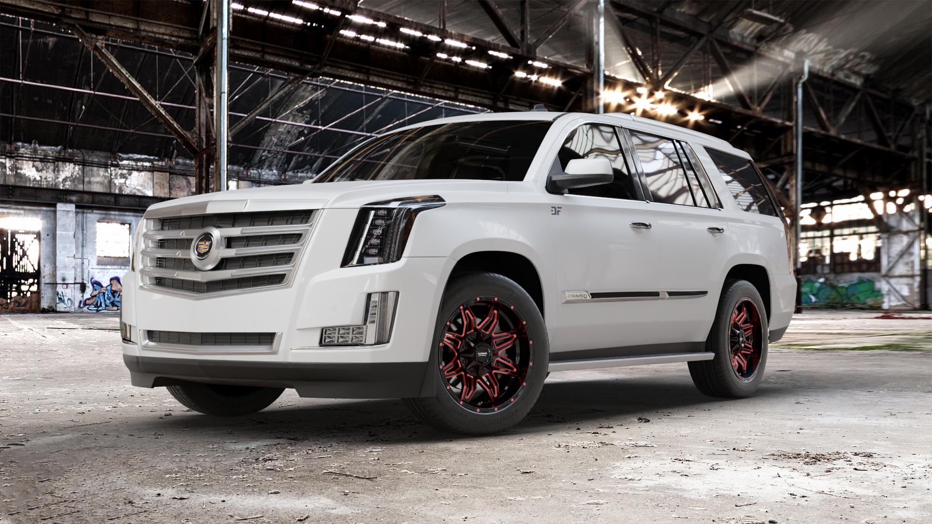 La Chanti Performance LC-OF3 Gloss Black Red Spokes Felge mit Reifen schwarz rot in 20Zoll Winterfelge Alufelge auf weissem Cadillac Escalade Typ GMT K2XX ⬇️ mit 15mm Tieferlegung ⬇️ Old Industrial Hall_max_5300mm_2024 Frontansicht_1