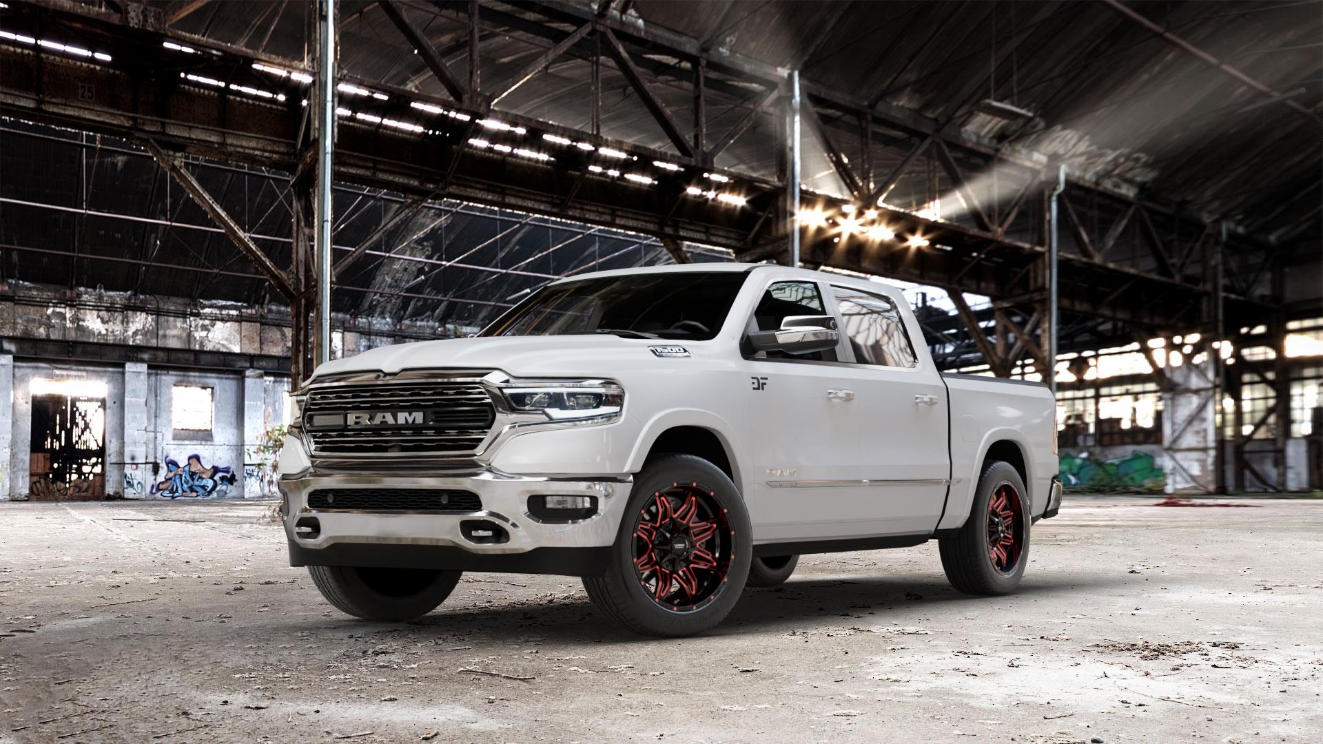 La Chanti Performance LC-OF3 Gloss Black Red Spokes Felge mit Reifen schwarz rot in 20Zoll Winterfelge Alufelge auf weissem Dodge RAM 1500 V ⬇️ mit 15mm Tieferlegung ⬇️ Old Industrial Hall_max_7000mm_2024 Frontansicht_1