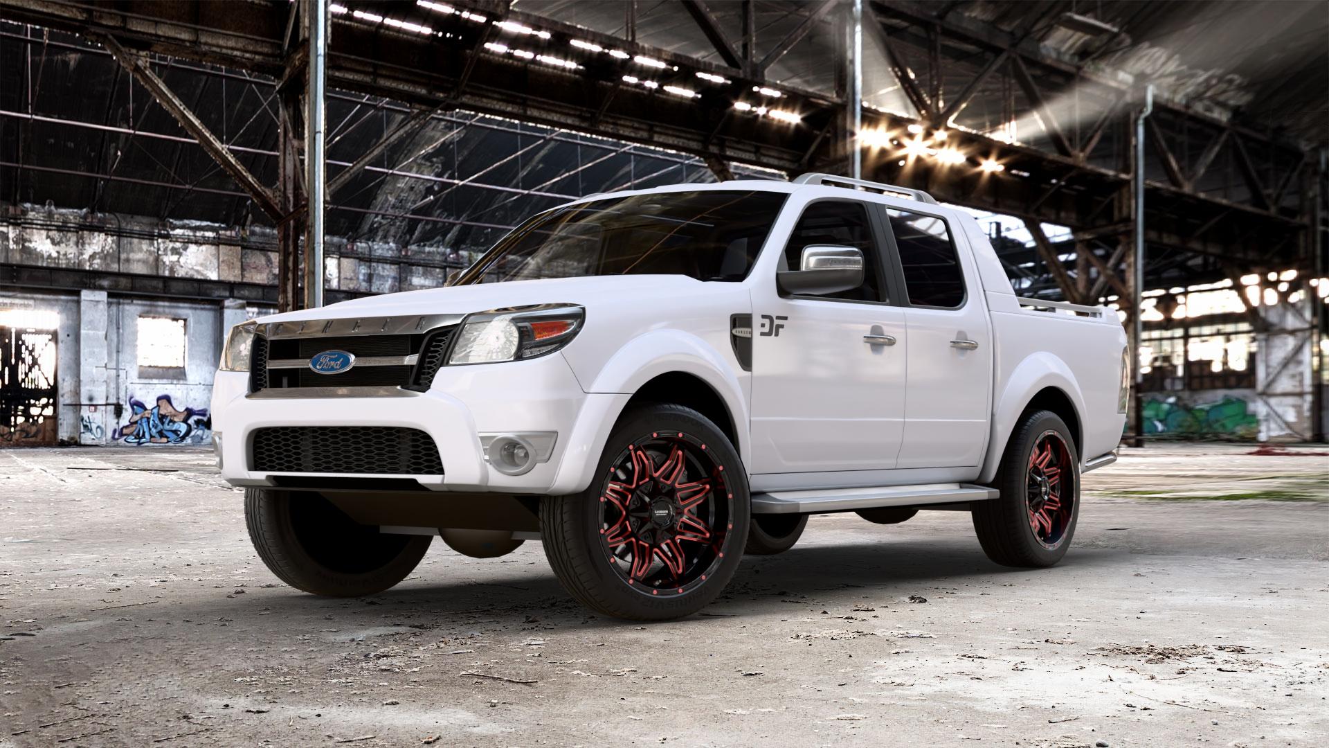 La Chanti Performance LC-OF3 Gloss Black Red Spokes Felge mit Reifen schwarz rot in 20Zoll Winterfelge Alufelge auf weissem Ford Ranger V Typ 2AW Facelift ⬇️ mit 15mm Tieferlegung ⬇️ Old Industrial Hall_max_5300mm_2024 Frontansicht_1