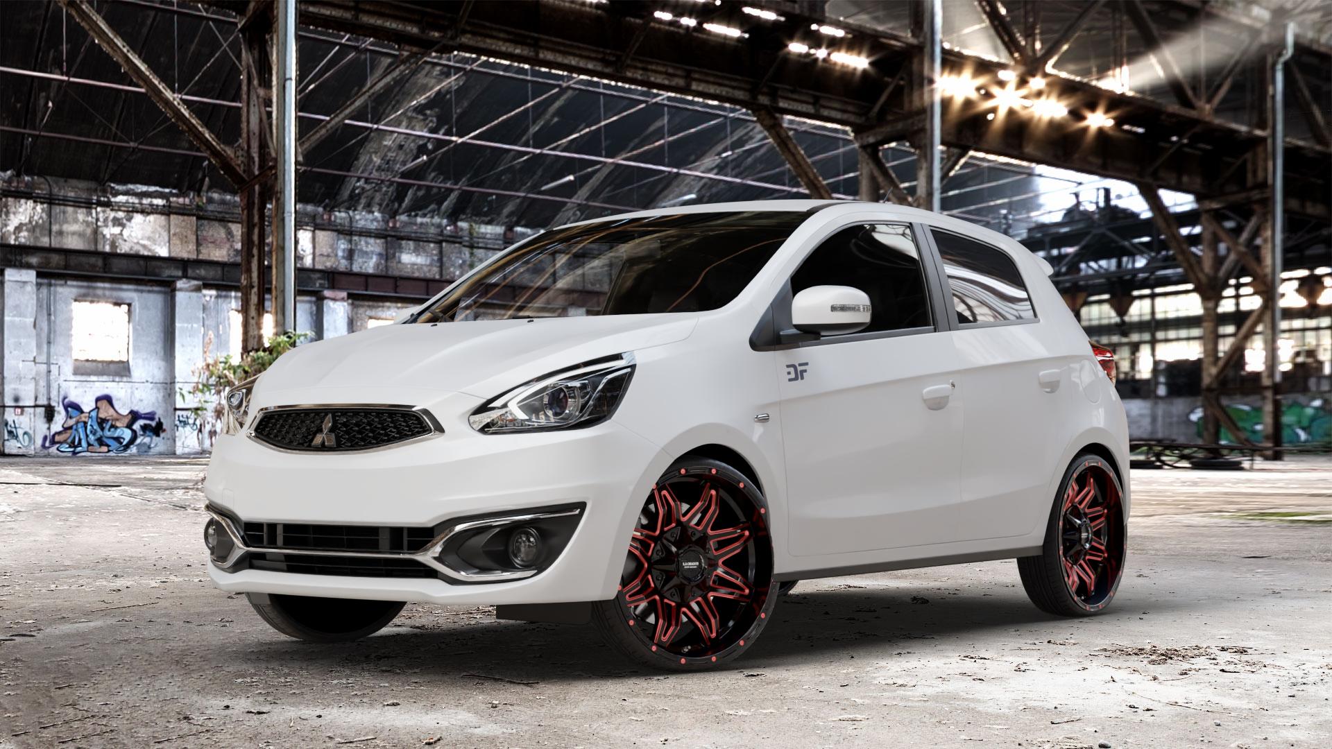 La Chanti Performance LC-OF3 Gloss Black Red Spokes Felge mit Reifen schwarz rot in 20Zoll Winterfelge Alufelge auf weissem Mitsubishi Space Star II Typ A00 Facelift ⬇️ mit 15mm Tieferlegung ⬇️ Old Industrial Hall_max_4400mm_2024 Frontansicht_1