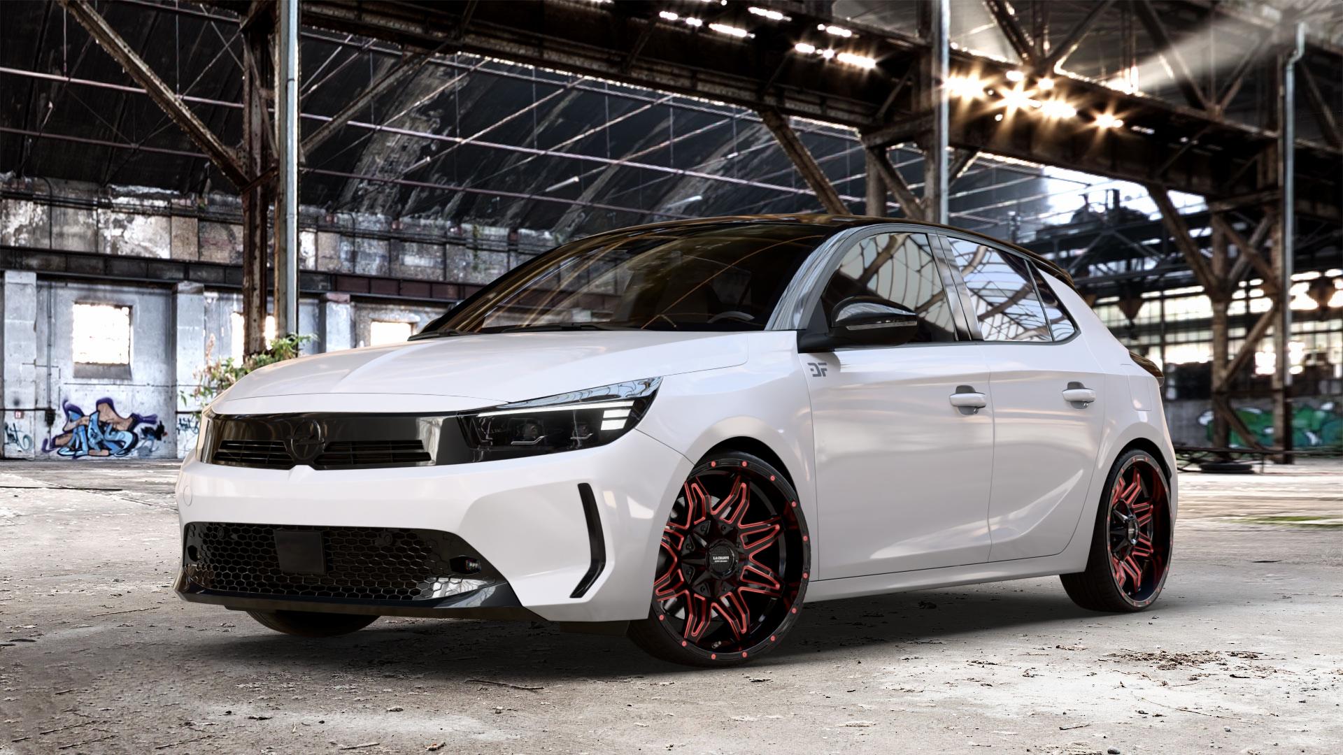La Chanti Performance LC-OF3 Gloss Black Red Spokes Felge mit Reifen schwarz rot in 20Zoll Winterfelge Alufelge auf weissem Opel Corsa F Typ U Facelift 0,0l 57kW Corsa-e (77 PS) 62kW (84 1,2l Turbo 74kW Mild-Hybrid (101 100kW (136 ⬇️ mit 15mm Tieferlegung ⬇️ Old Industrial Hall_max_4400mm_2024 Frontansicht_1