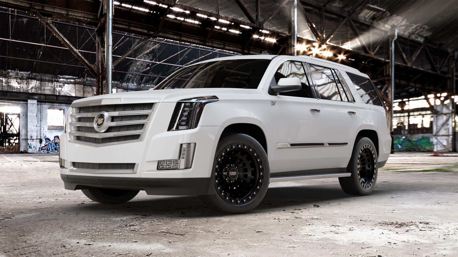 La Chanti Performance LC-OF6 Matt Black Felge mit Reifen schwarz in 22Zoll Winterfelge Alufelge auf weissem Cadillac Escalade Typ GMT K2XX ⬇️ mit 15mm Tieferlegung ⬇️ Old Industrial Hall_max_5300mm_2024 Frontansicht_1