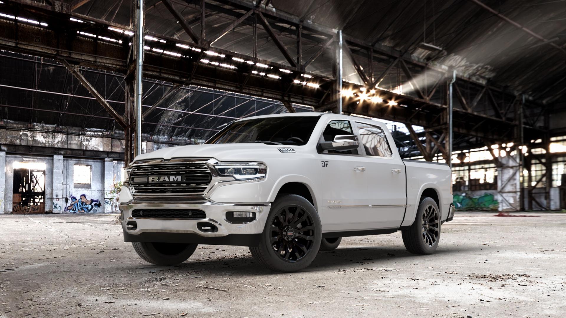 La Chanti Performance LC-OF7 Matt Black Felge mit Reifen schwarz in 20Zoll Winterfelge Alufelge auf weissem Dodge RAM 1500 V ⬇️ mit 15mm Tieferlegung ⬇️ Old Industrial Hall_max_7000mm_2024 Frontansicht_1