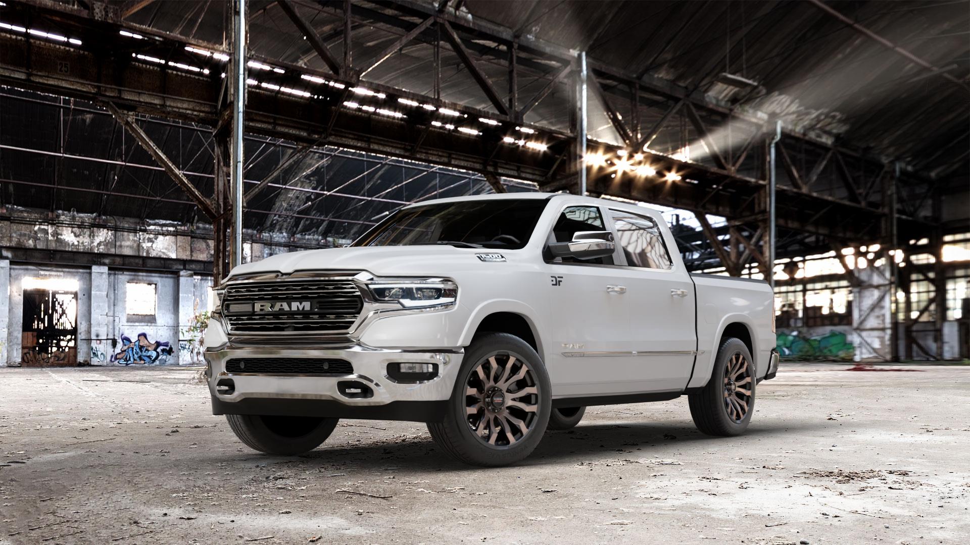 La Chanti Performance LC-OF7 Matt Bronze Felge mit Reifen schwarz in 20Zoll Winterfelge Alufelge auf weissem Dodge RAM 1500 V ⬇️ mit 15mm Tieferlegung ⬇️ Old Industrial Hall_max_7000mm_2024 Frontansicht_1