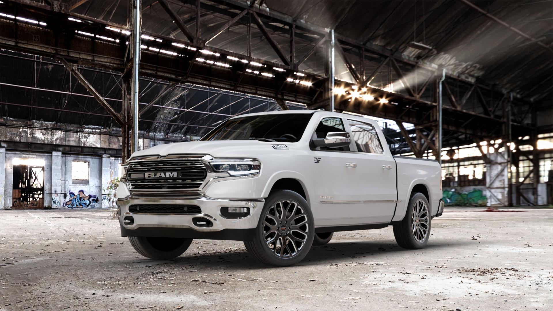 La Chanti Performance LC-OF8 Gloss Black Milled Spokes Felge mit Reifen silber schwarz in 22Zoll Winterfelge Alufelge auf weissem Dodge RAM 1500 V ⬇️ mit 15mm Tieferlegung ⬇️ Old Industrial Hall_max_7000mm_2024 Frontansicht_1