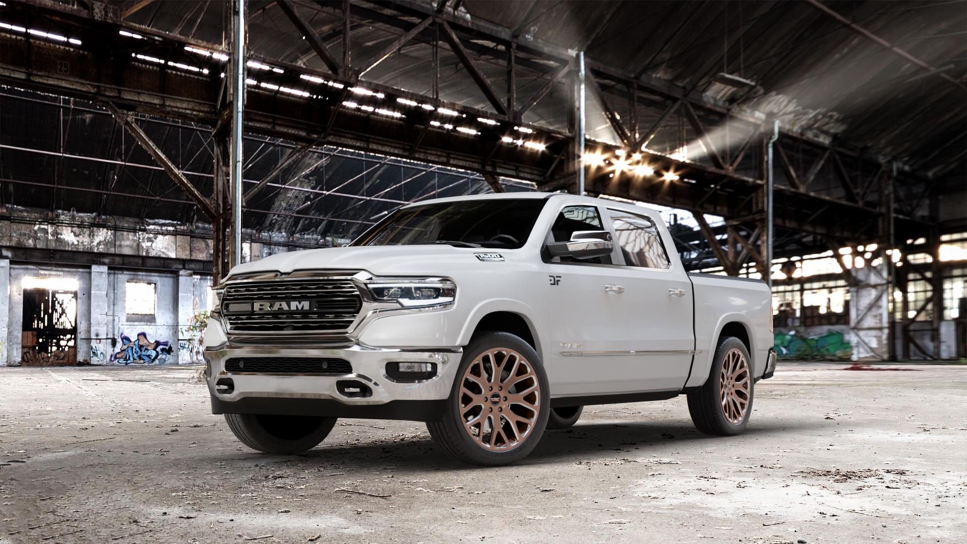 La Chanti Performance LC-OF8 Glossy Bronze MIlled Felge mit Reifen in 22Zoll Alufelge auf weissem Dodge RAM 1500 V ⬇️ mit 15mm Tieferlegung ⬇️ Old Industrial Hall_max_7000mm_2024 Frontansicht_1