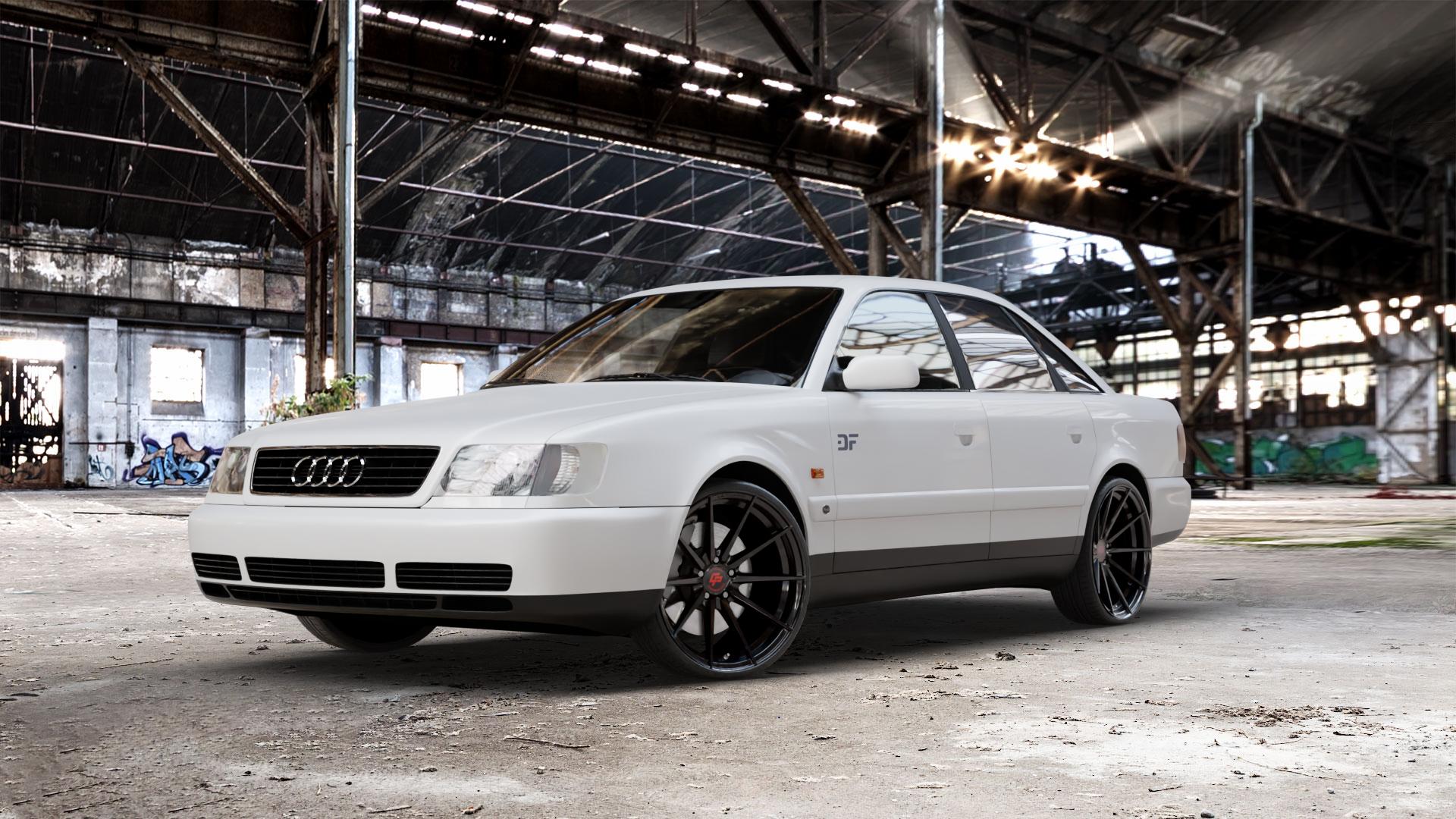 La Chanti Performance LC-P10 Glossy Black Felge mit Reifen schwarz in 20Zoll Winterfelge Alufelge auf weissem Audi 100 Typ C4 (Limousine) A6 4A/C4 ⬇️ mit 15mm Tieferlegung ⬇️ Old Industrial Hall_max_5300mm_2024 Frontansicht_1