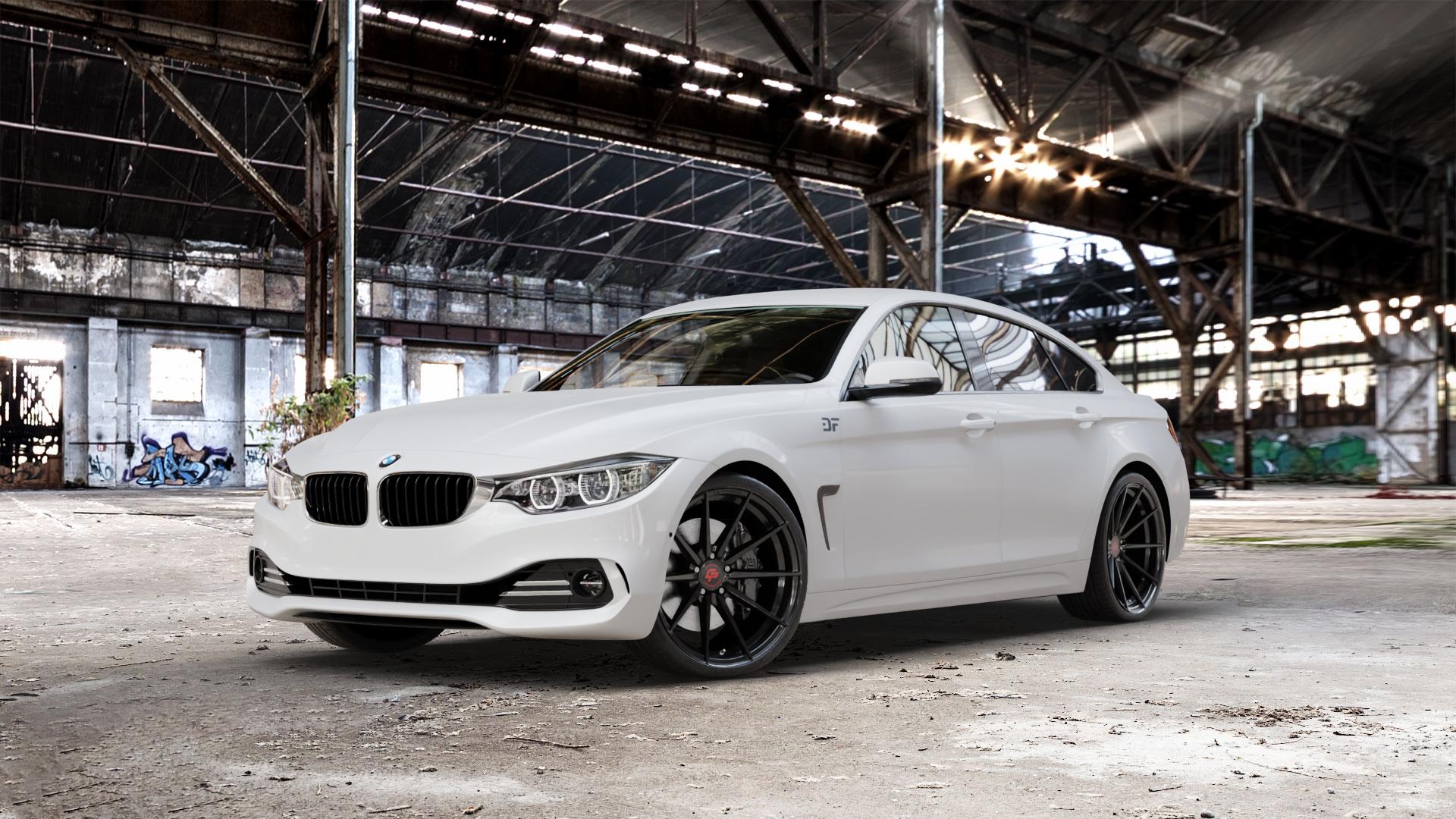 La Chanti Performance LC-P10 Glossy Black Felge mit Reifen schwarz in 20Zoll Winterfelge Alufelge auf weissem BMW 418d Typ F36 (Gran Coupe) 420d xDrive 420i 428i 435i 430d 440i 418i 430i 425d 4er Gran Coupe (3C) ⬇️ mit 15mm Tieferlegung ⬇️ Old Industrial Hall_max_5300mm_2024 Frontansicht_1