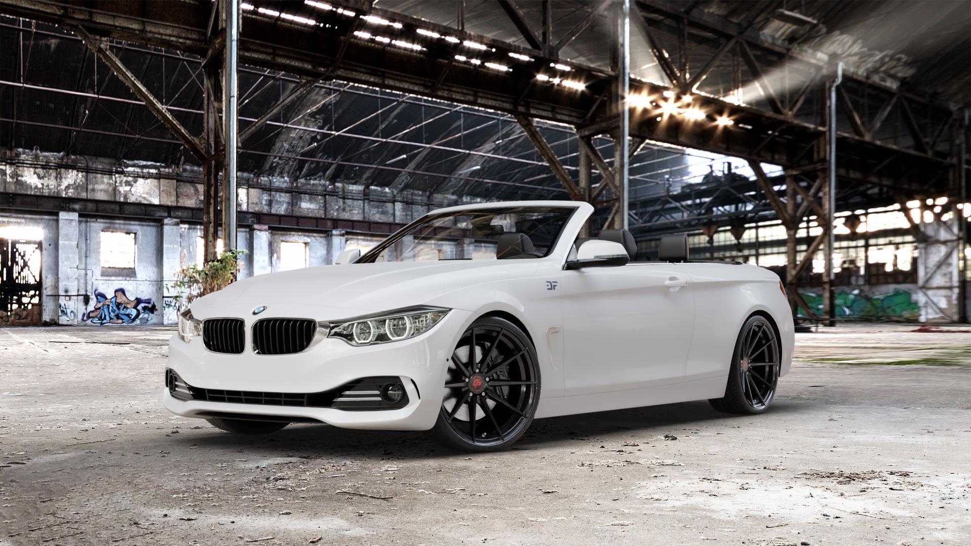 La Chanti Performance LC-P10 Glossy Black Felge mit Reifen schwarz in 20Zoll Winterfelge Alufelge auf weissem BMW 428i Typ F33 (Cabrio) 435i 420d xDrive 420i 425d 430d 435d 430i 440i 4er Cabrio (3C) ⬇️ mit 15mm Tieferlegung ⬇️ Old Industrial Hall_max_5300mm_2024 Frontansicht_1