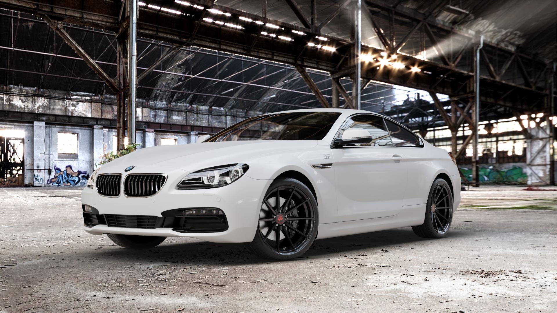 La Chanti Performance LC-P10 Glossy Black Felge mit Reifen schwarz in 20Zoll Winterfelge Alufelge auf weissem BMW 640i Typ F13 (Coupe) 650i 640d xDrive ⬇️ mit 15mm Tieferlegung ⬇️ Old Industrial Hall_max_5300mm_2024 Frontansicht_1