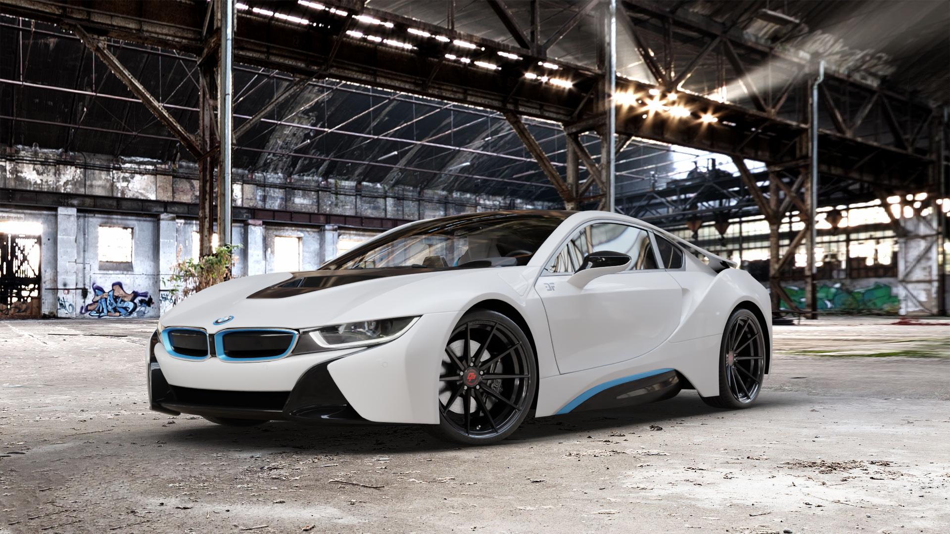 La Chanti Performance LC-P10 Glossy Black Felge mit Reifen schwarz in 20Zoll Winterfelge Alufelge auf weissem BMW i8 Coupe (BMWi-2) ⬇️ mit 15mm Tieferlegung ⬇️ Old Industrial Hall_max_5300mm_2024 Frontansicht_1