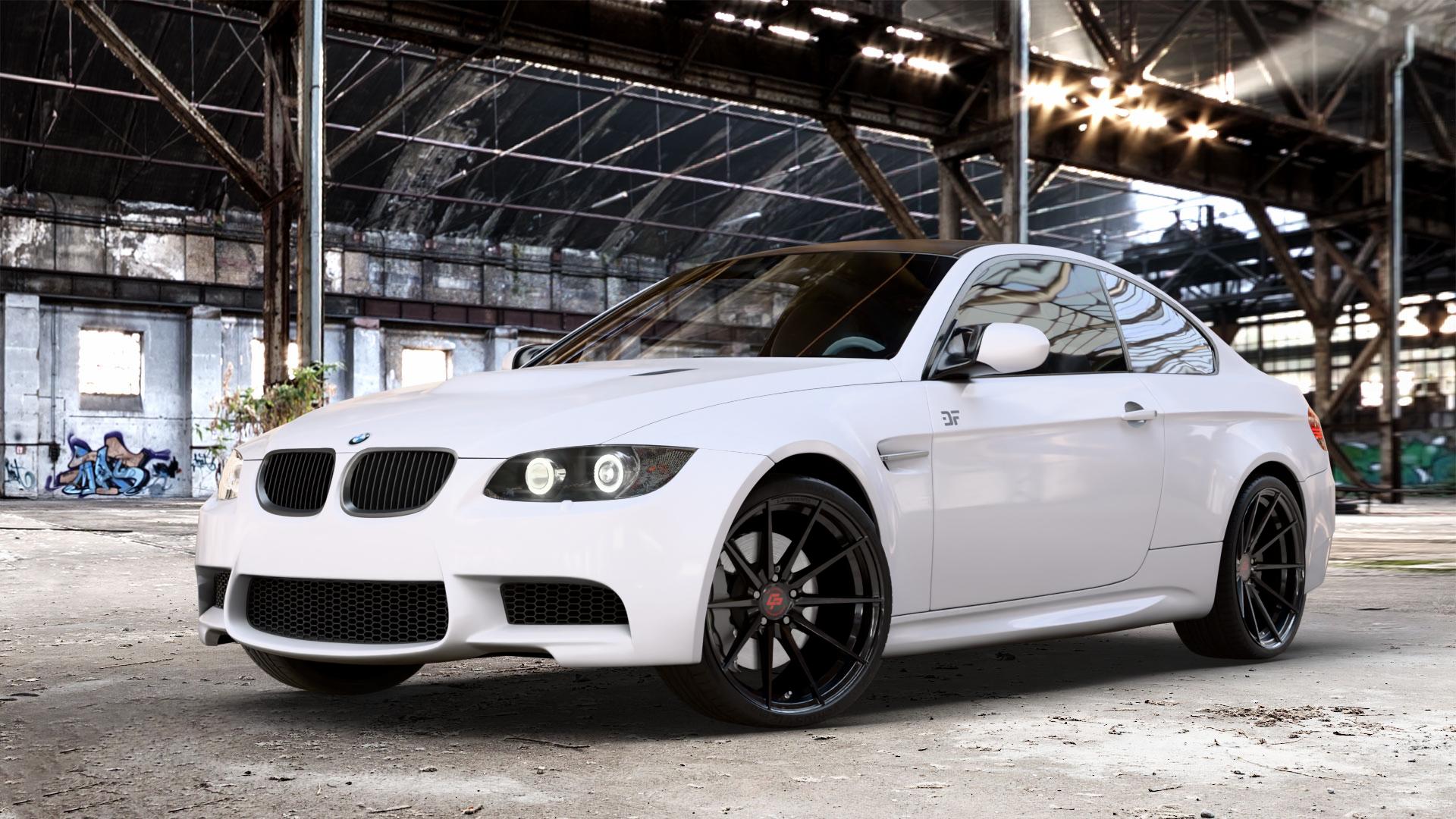 La Chanti Performance LC-P10 Glossy Black Felge mit Reifen schwarz in 20Zoll Winterfelge Alufelge auf weissem BMW M3 Typ E92 (Coupe) 4,0l V8 309kW (420 PS) ⬇️ mit 15mm Tieferlegung ⬇️ Old Industrial Hall_max_4400mm_2024 Frontansicht_1