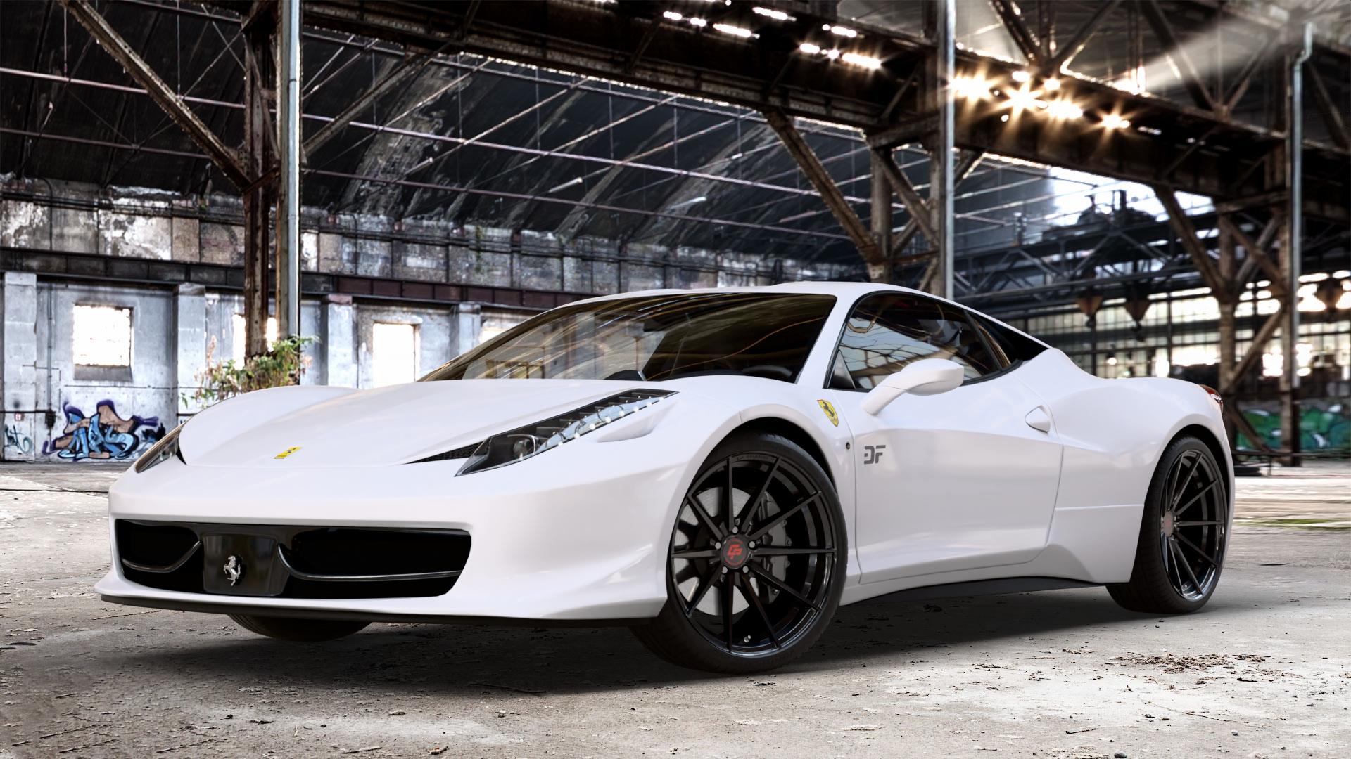 La Chanti Performance LC-P10 Glossy Black Felge mit Reifen schwarz in 20Zoll Winterfelge Alufelge auf weissem Ferrari 458 Italia ⬇️ mit 15mm Tieferlegung ⬇️ Old Industrial Hall_max_4400mm_2024 Frontansicht_1