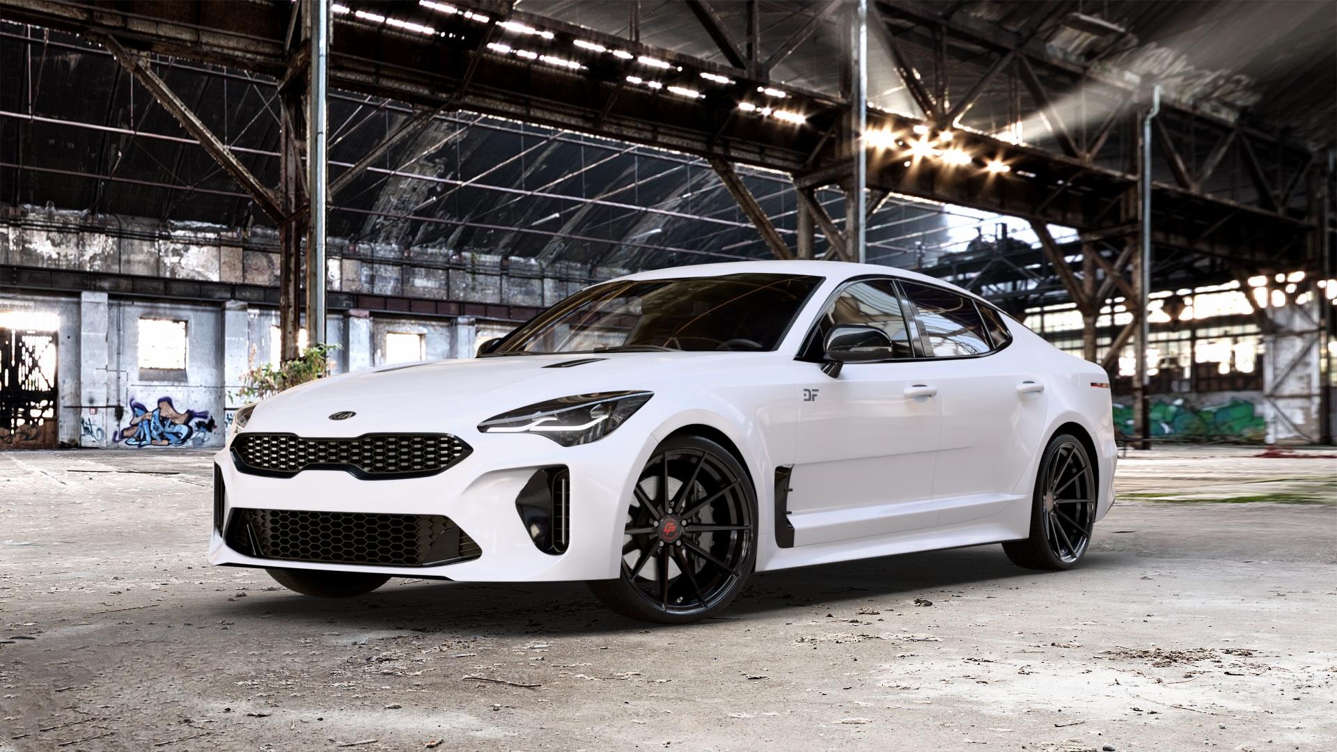 La Chanti Performance LC-P10 Glossy Black Felge mit Reifen schwarz in 20Zoll Winterfelge Alufelge auf weissem Kia Stinger Typ CK ⬇️ mit 15mm Tieferlegung ⬇️ Old Industrial Hall_max_5300mm_2024 Frontansicht_1