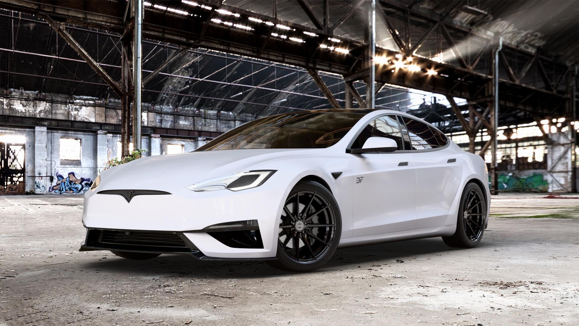 La Chanti Performance LC-P10 Glossy Black Felge mit Reifen schwarz in 20Zoll Winterfelge Alufelge auf weissem Tesla Model S Typ 006 0,0l 357kW Plaid AWD (485 PS) ⬇️ mit 15mm Tieferlegung ⬇️ Old Industrial Hall_max_5300mm_2024 Frontansicht_1