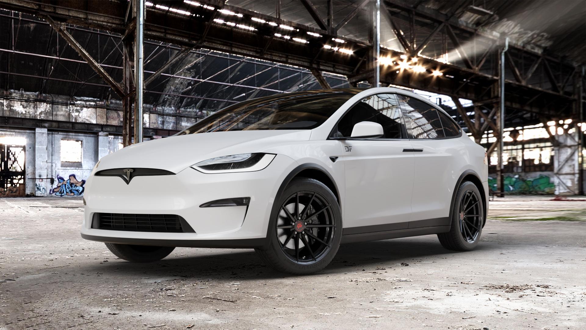 La Chanti Performance LC-P10 Glossy Black Felge mit Reifen schwarz in 20Zoll Winterfelge Alufelge auf weissem Tesla Model X Typ 004 ⬇️ mit 15mm Tieferlegung ⬇️ Old Industrial Hall_max_5300mm_2024 Frontansicht_1