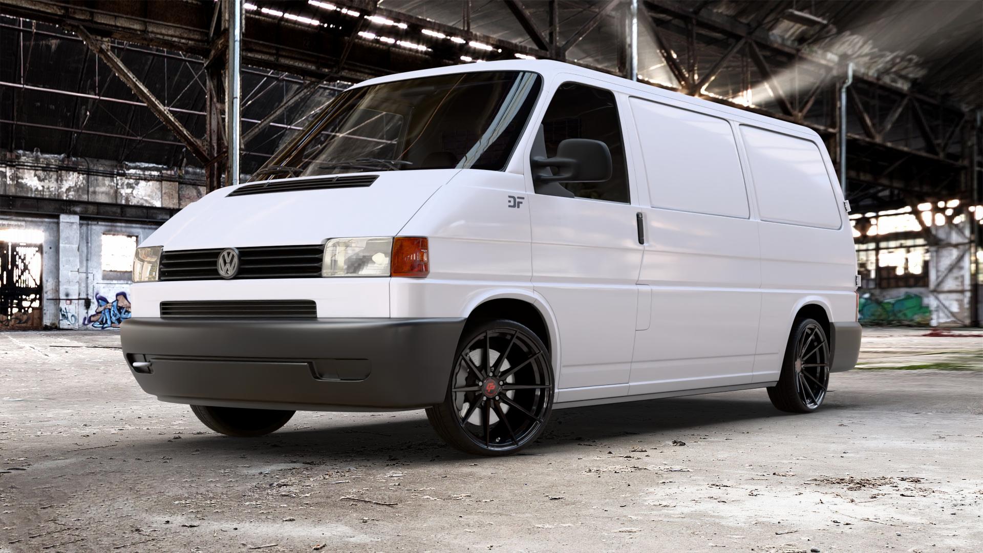 La Chanti Performance LC-P10 Glossy Black Felge mit Reifen schwarz in 20Zoll Winterfelge Alufelge auf weissem Volkswagen (VW) T4 Transporter ⬇️ mit 15mm Tieferlegung ⬇️ Old Industrial Hall_max_5300mm_2024 Frontansicht_1