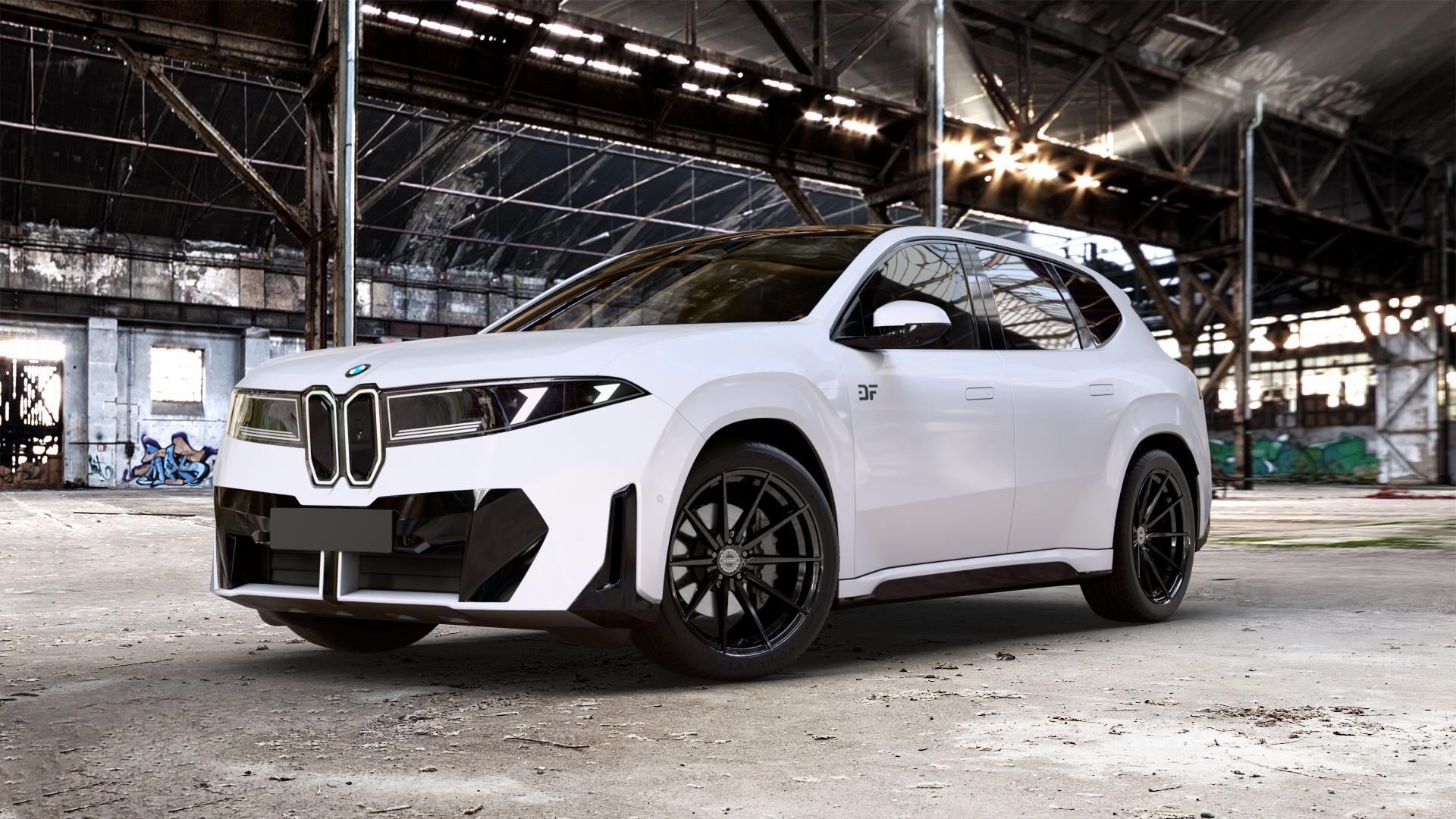 La Chanti Performance LC-P10 Glossy Black Felge mit Reifen schwarz in 21Zoll Winterfelge Alufelge auf Weiss Uni BMW iX3 (N-XA) ⬇️ mit 15mm Tieferlegung ⬇️ Old Industrial Hall_max_5300mm_2024 Frontansicht_1