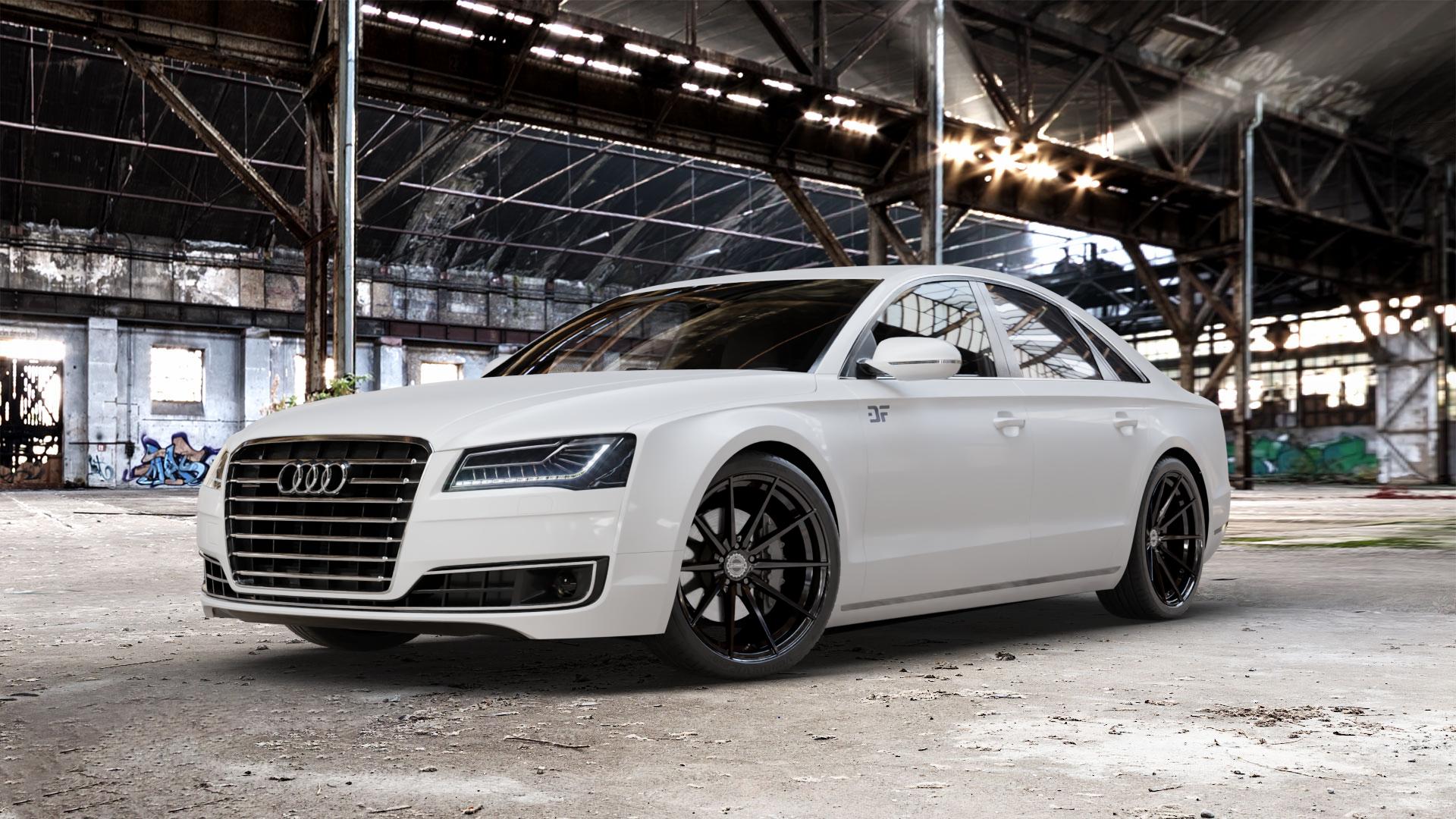 La Chanti Performance LC-P10 Glossy Black Felge mit Reifen schwarz in 21Zoll Winterfelge Alufelge auf weissem Audi A8 Typ D4/4H Facelift ⬇️ mit 15mm Tieferlegung ⬇️ Old Industrial Hall_max_5300mm_2024 Frontansicht_1
